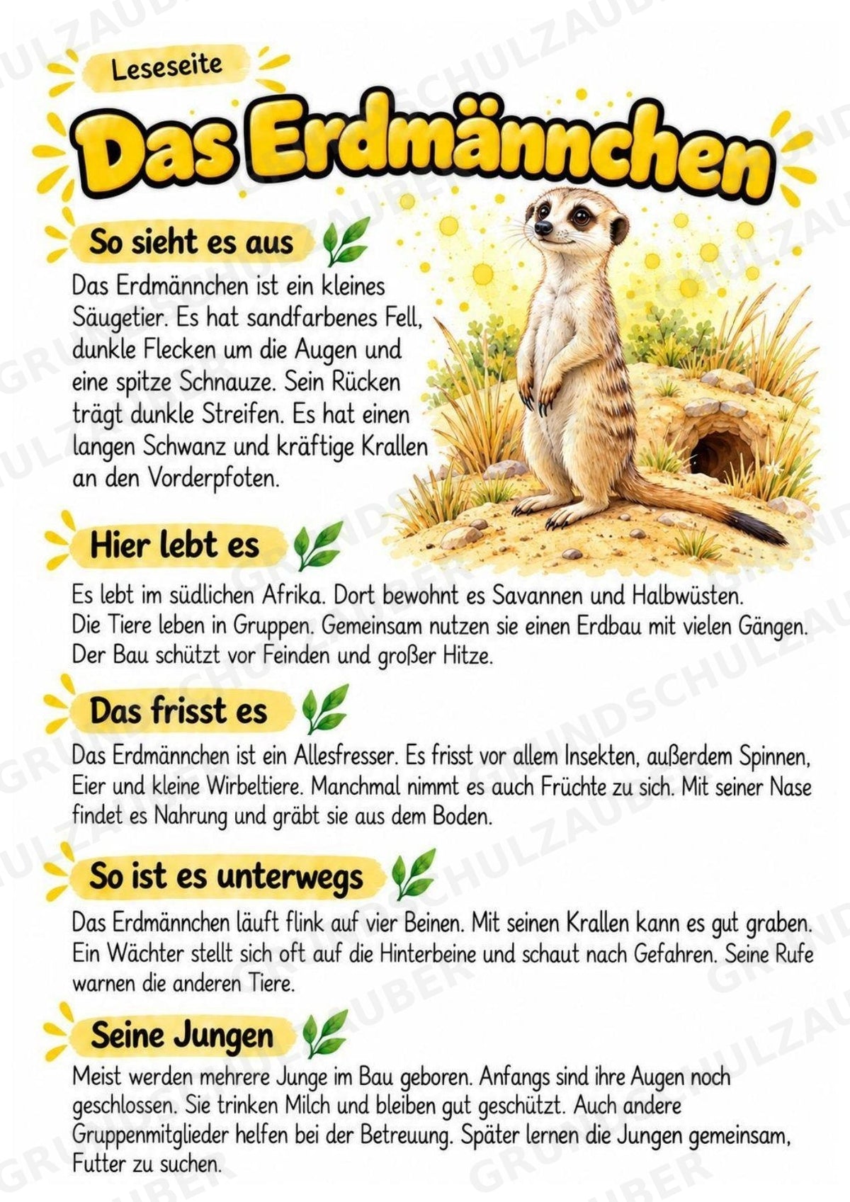 Erdmaennchen - Lesetext & Steckbrief | Sachunterricht Tiere Grundschule – Materialseite 2