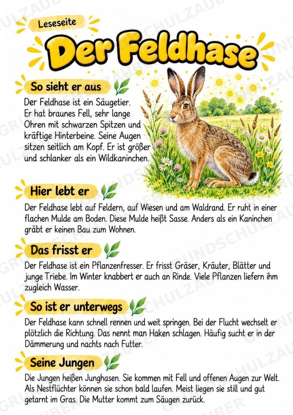 Feldhase - Lesetext & Steckbrief | Sachunterricht Tiere Grundschule – Materialseite 2