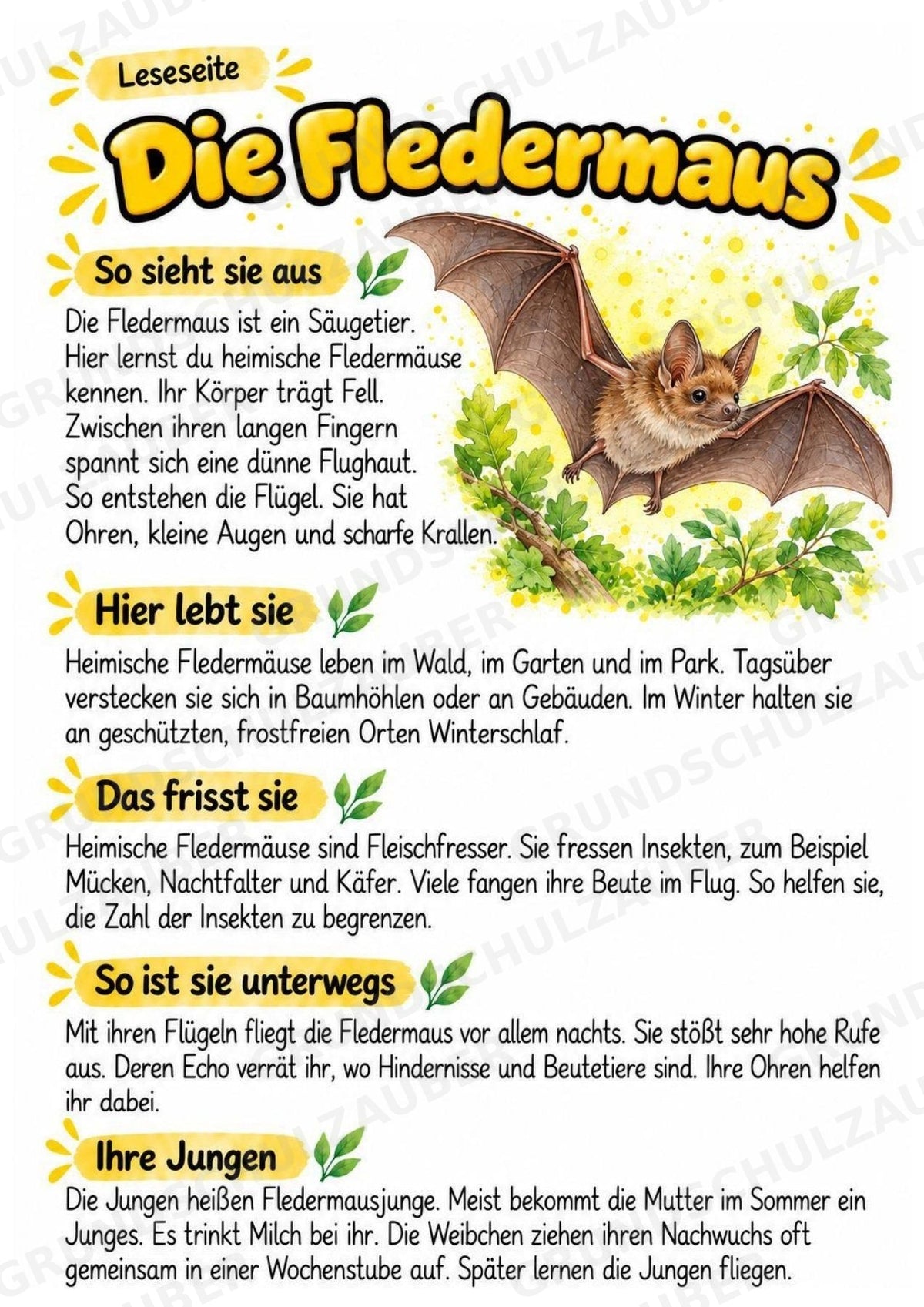 Fledermaus - Lesetext & Steckbrief | Sachunterricht Tiere Grundschule – Materialseite 2