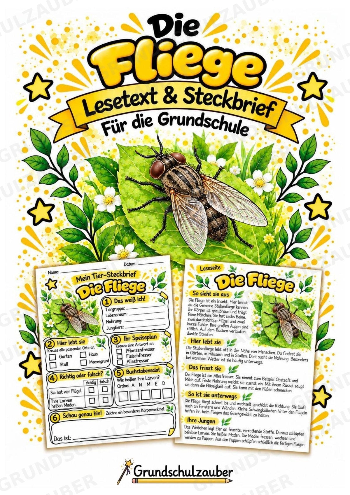 Fliege - Lesetext & Steckbrief | Sachunterricht Tiere Grundschule – Cover