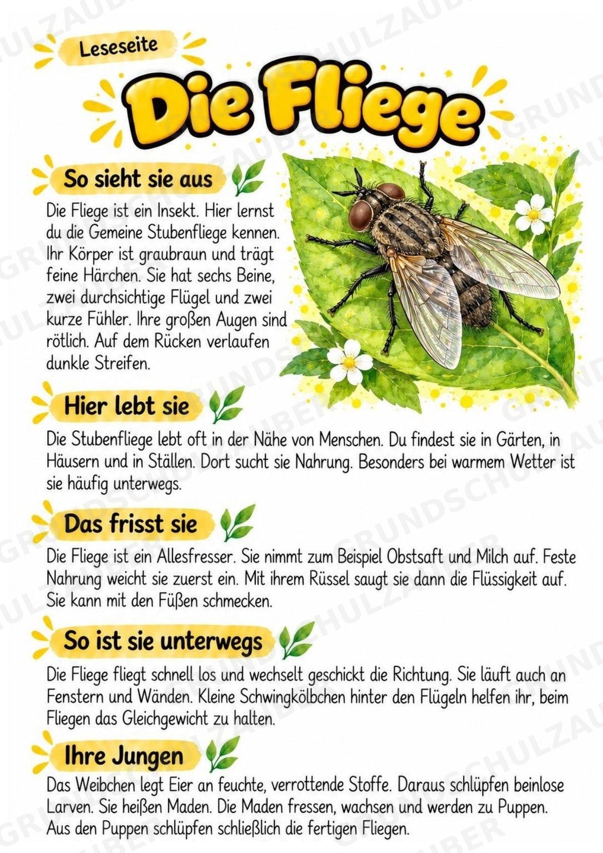 Fliege - Lesetext & Steckbrief | Sachunterricht Tiere Grundschule – Materialseite 2