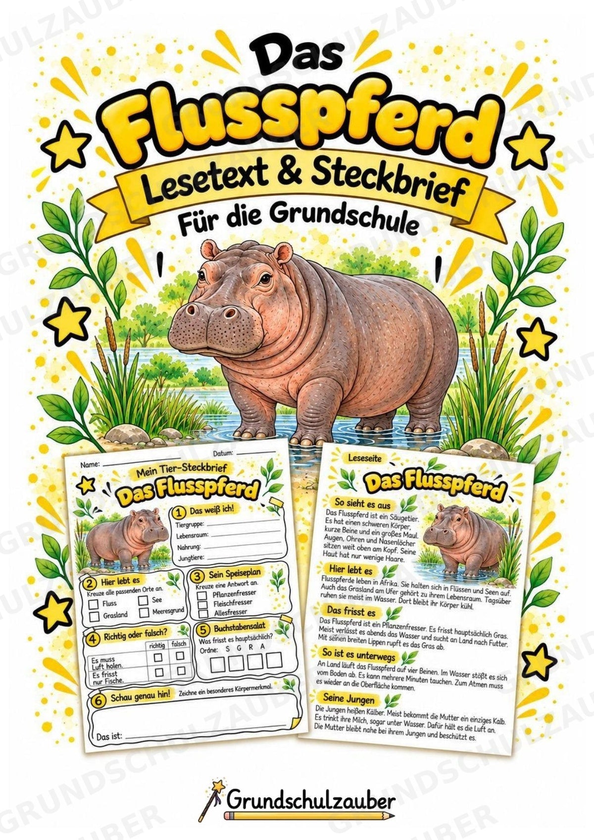 Flusspferd - Lesetext & Steckbrief | Sachunterricht Tiere Grundschule – Cover