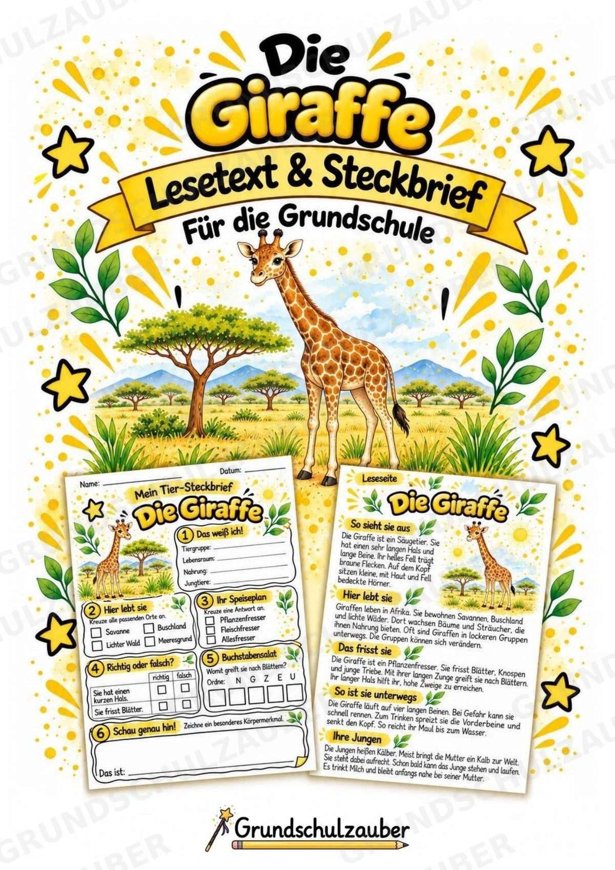 Giraffe - Lesetext & Steckbrief | Sachunterricht Tiere Grundschule – Cover
