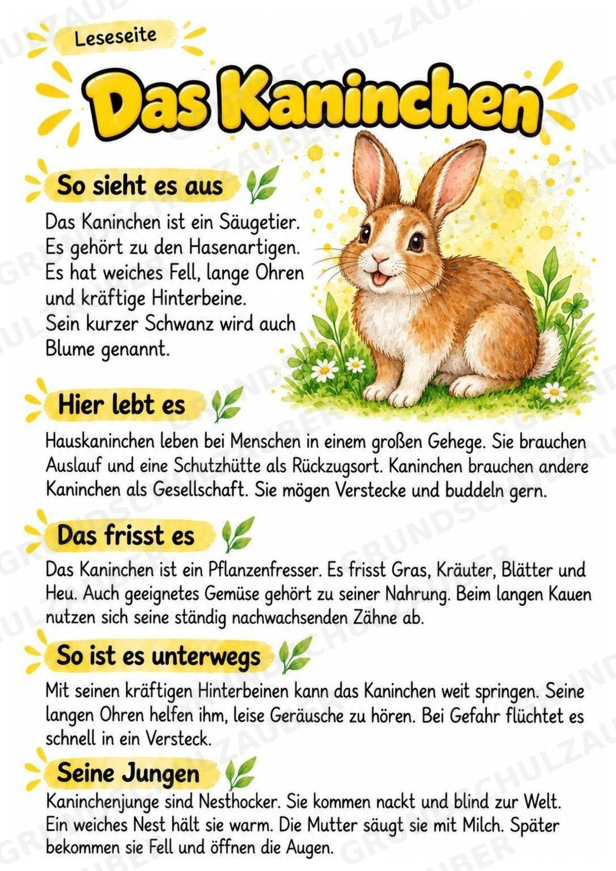 Kaninchen - Lesetext & Steckbrief | Sachunterricht Tiere Grundschule – Materialseite 2