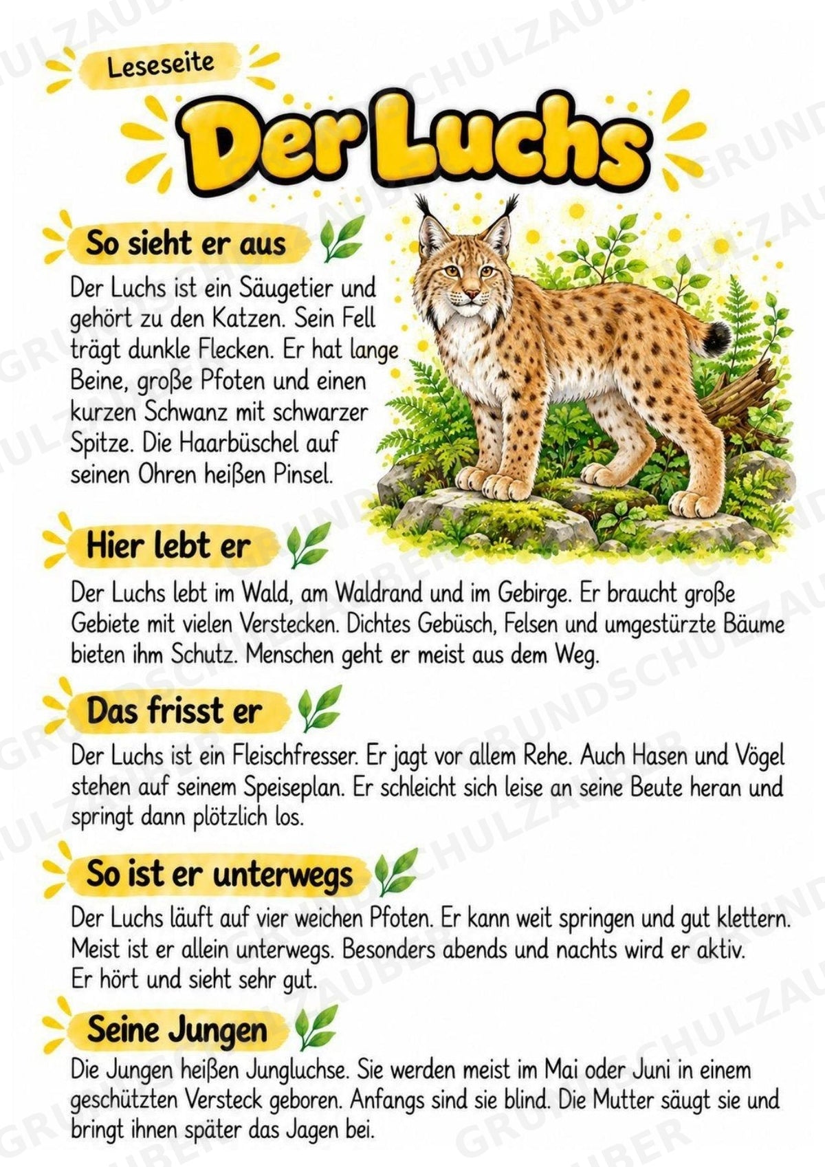 Luchs - Lesetext & Steckbrief | Sachunterricht Tiere Grundschule – Materialseite 2