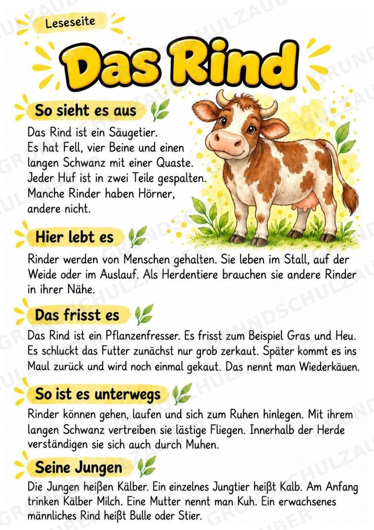 Rind - Lesetext & Steckbrief | Sachunterricht Tiere Grundschule – Materialseite 2