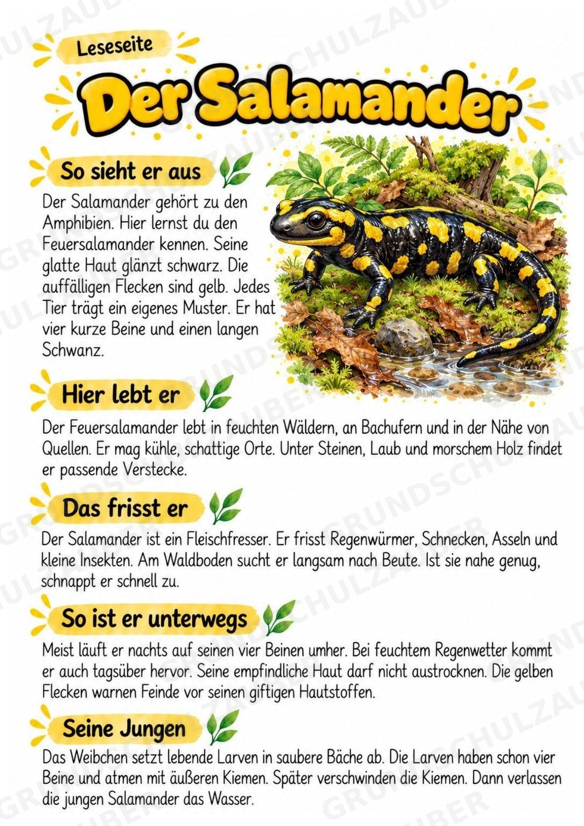 Salamander - Lesetext & Steckbrief | Sachunterricht Tiere Grundschule – Materialseite 2