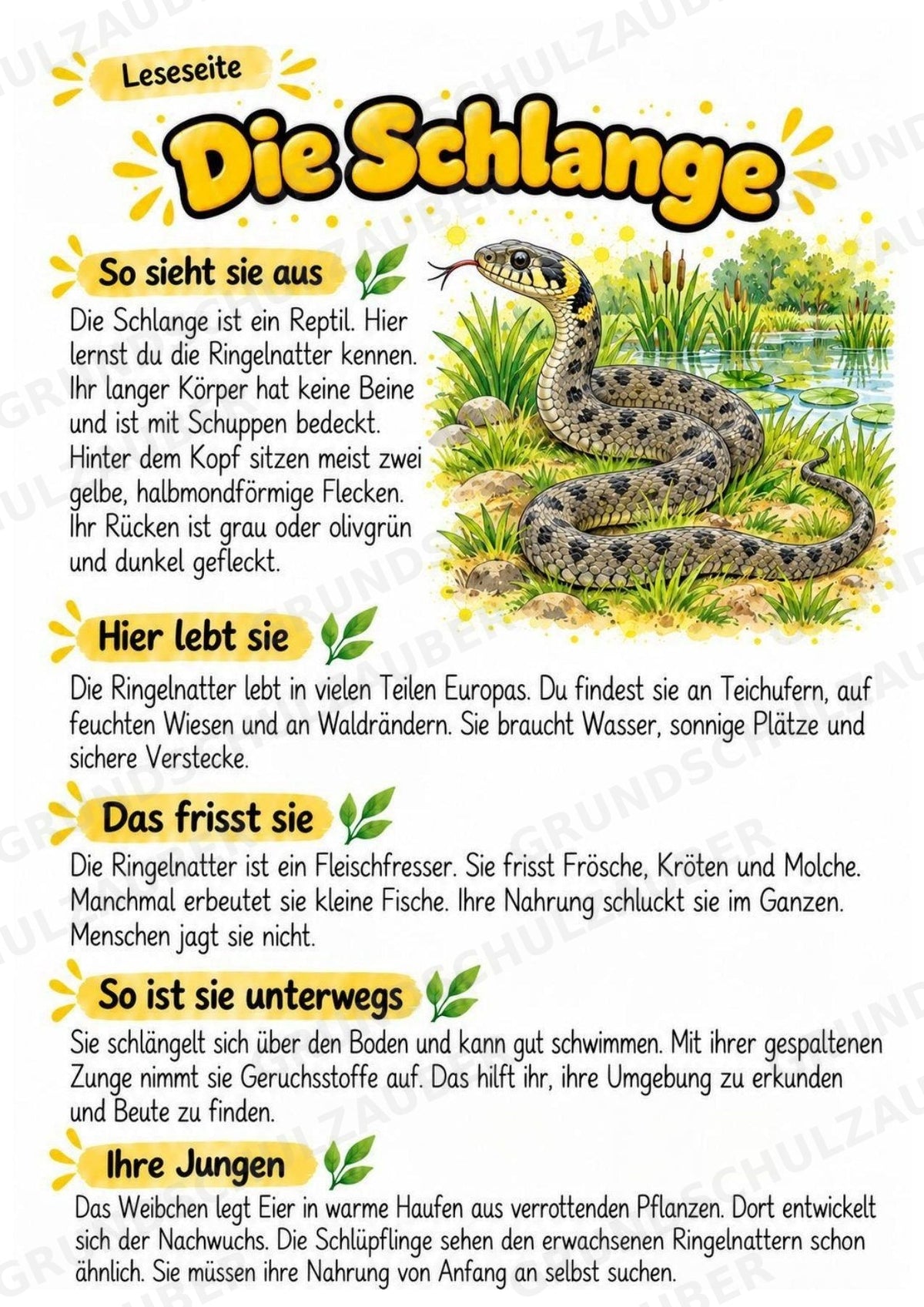 Schlange - Lesetext & Steckbrief | Sachunterricht Tiere Grundschule – Materialseite 2
