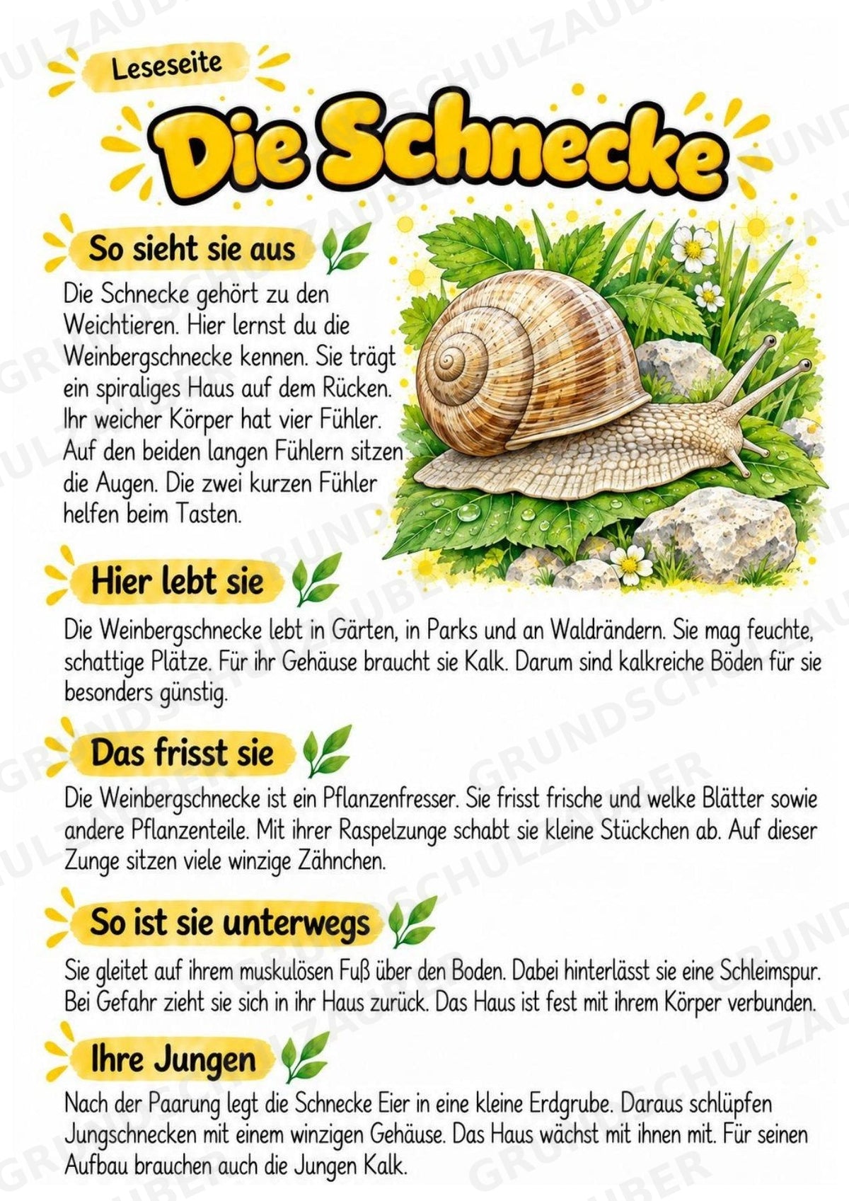 Schnecke - Lesetext & Steckbrief | Sachunterricht Tiere Grundschule – Materialseite 2