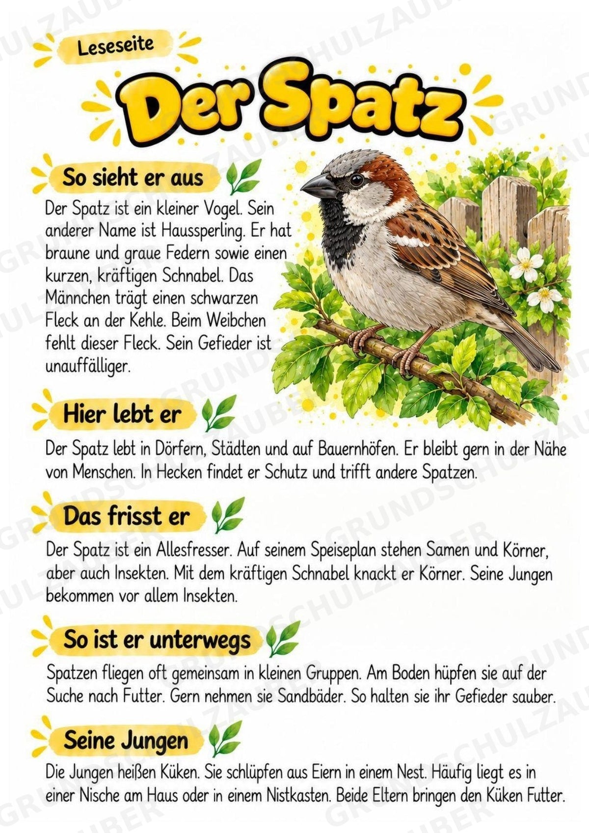 Spatz - Lesetext & Steckbrief | Sachunterricht Tiere Grundschule – Materialseite 2