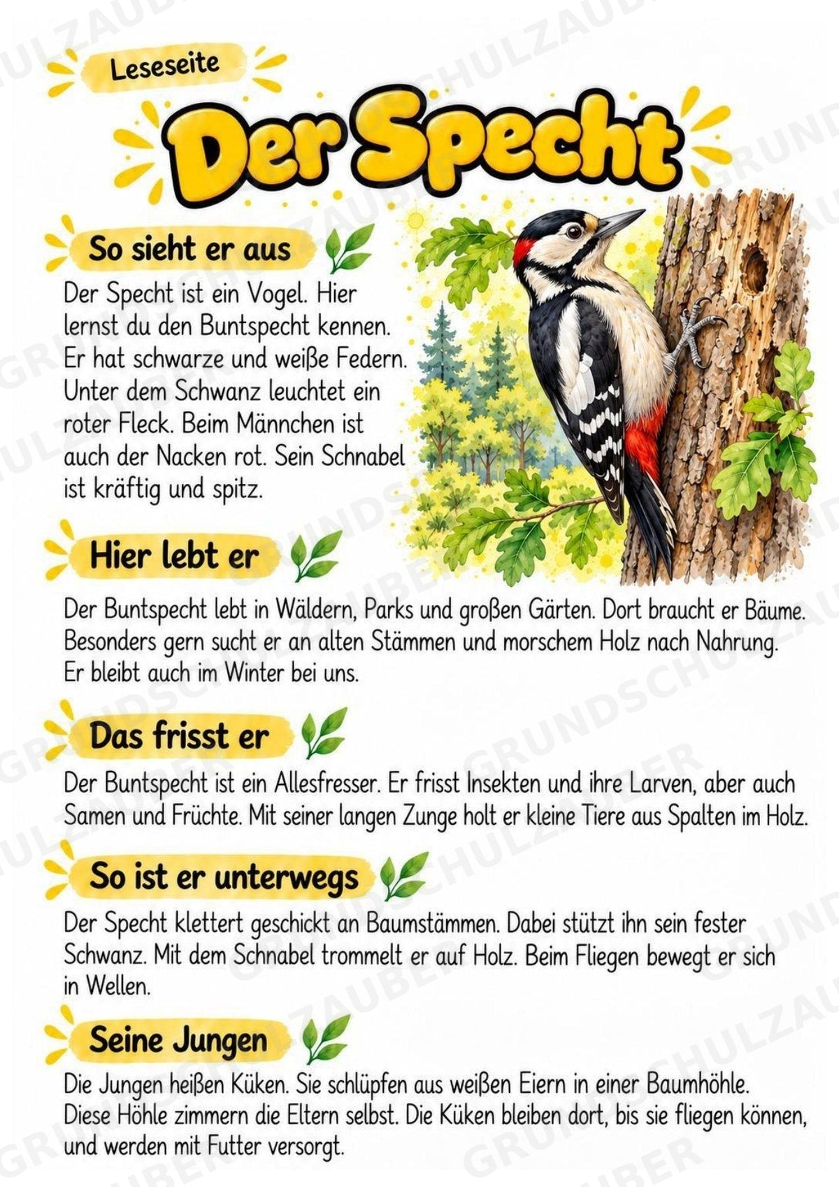 Specht - Lesetext & Steckbrief | Sachunterricht Tiere Grundschule – Materialseite 2
