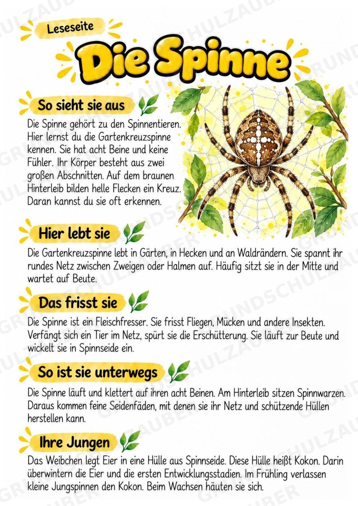 Spinne - Lesetext & Steckbrief | Sachunterricht Tiere Grundschule – Materialseite 2