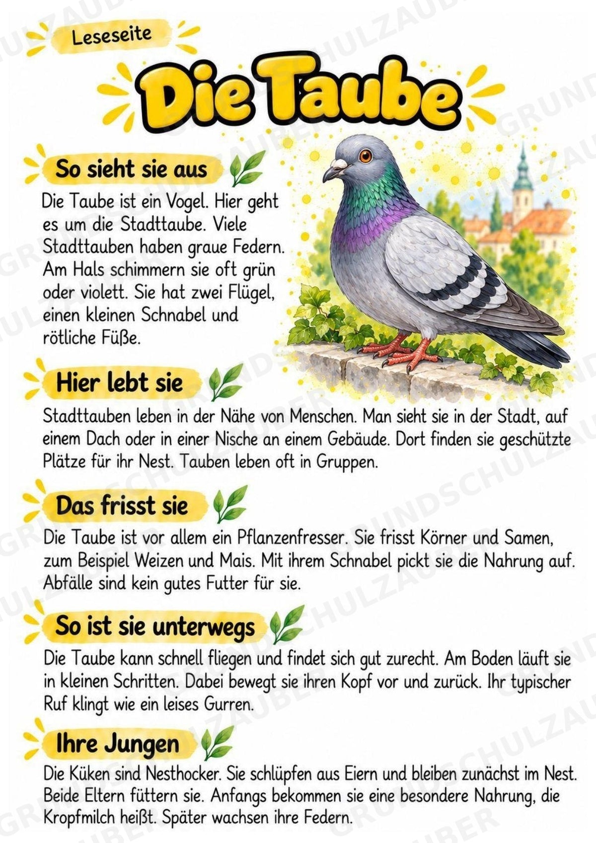 Taube - Lesetext & Steckbrief | Sachunterricht Tiere Grundschule – Materialseite 2