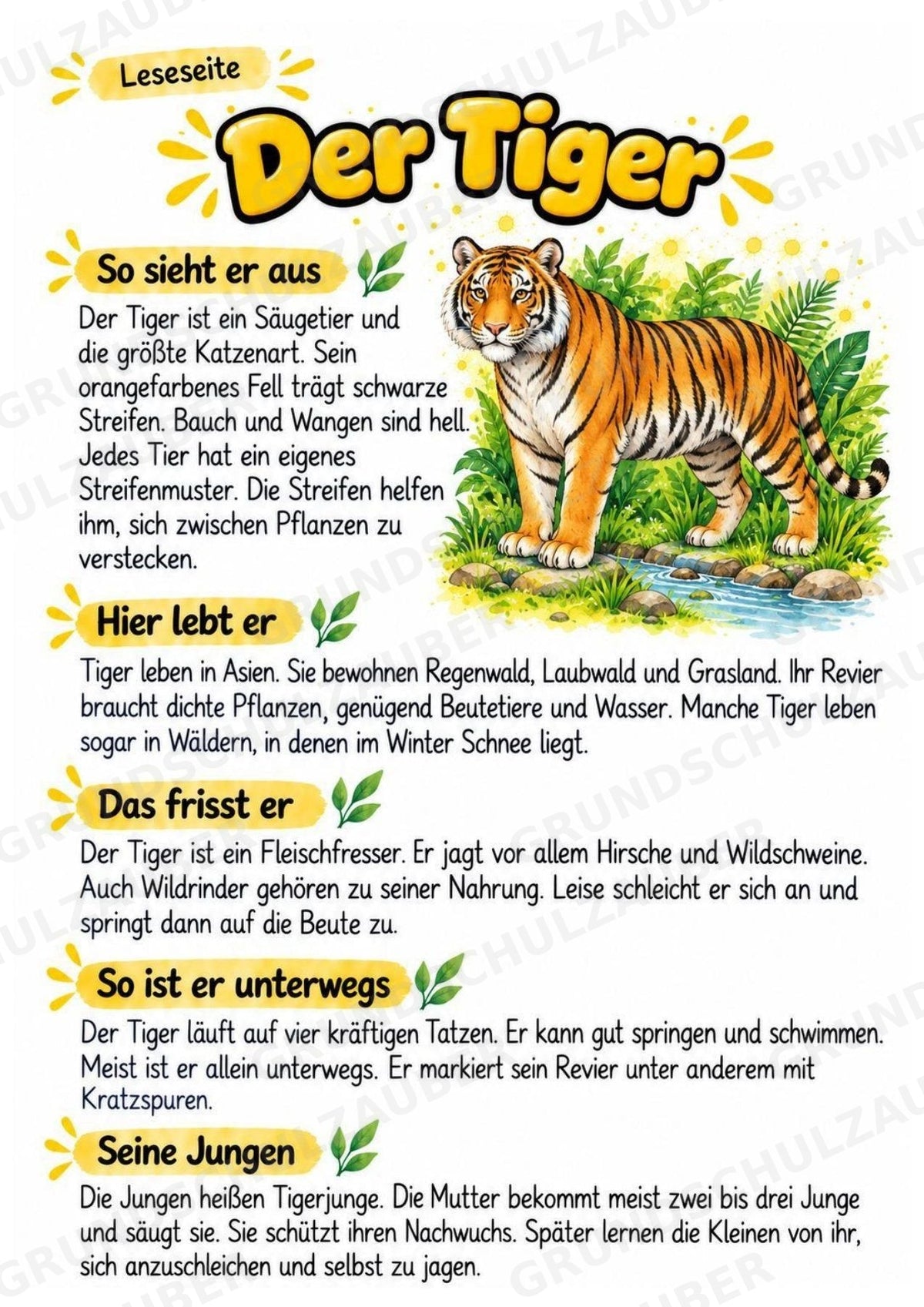 Tiger - Lesetext & Steckbrief | Sachunterricht Tiere Grundschule – Materialseite 2