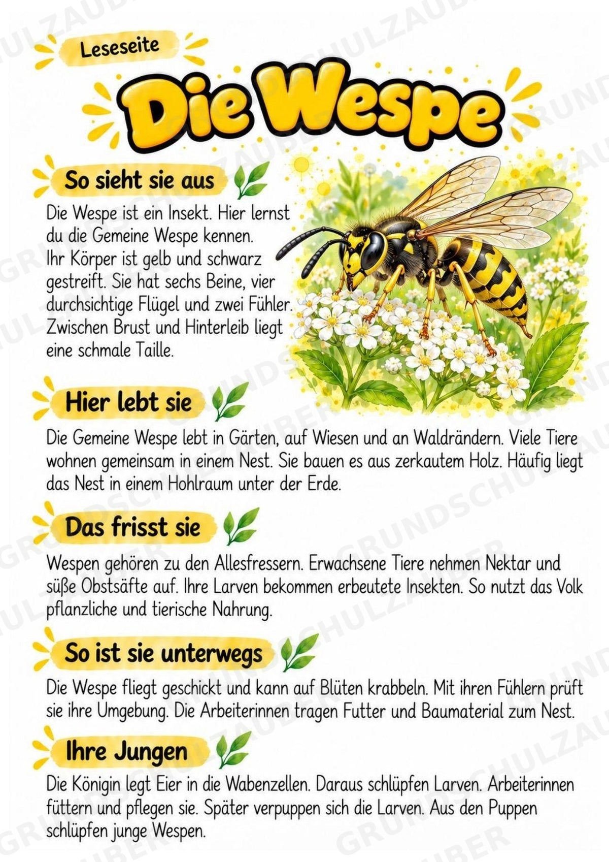 Wespe - Lesetext & Steckbrief | Sachunterricht Tiere Grundschule – Materialseite 2