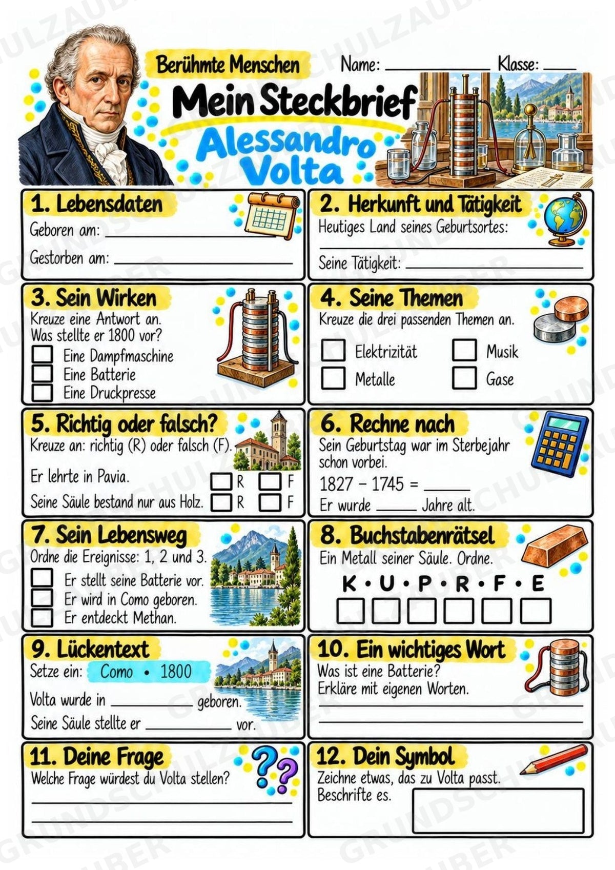 Alessandro Volta – Steckbrief & Infotext für die Grundschule | Berühmte Persönlichkeiten | Sachunterricht – Materialseite 3