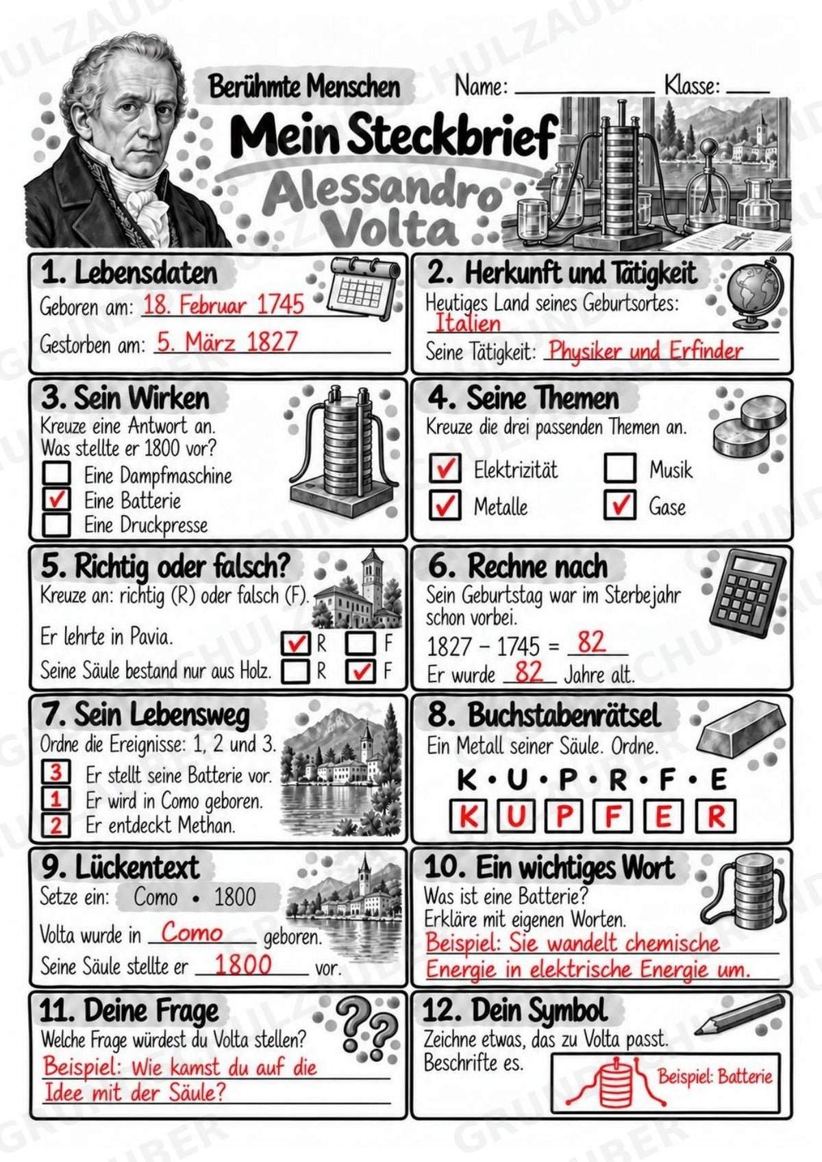 Alessandro Volta – Steckbrief & Infotext für die Grundschule | Berühmte Persönlichkeiten | Sachunterricht – Materialseite 5