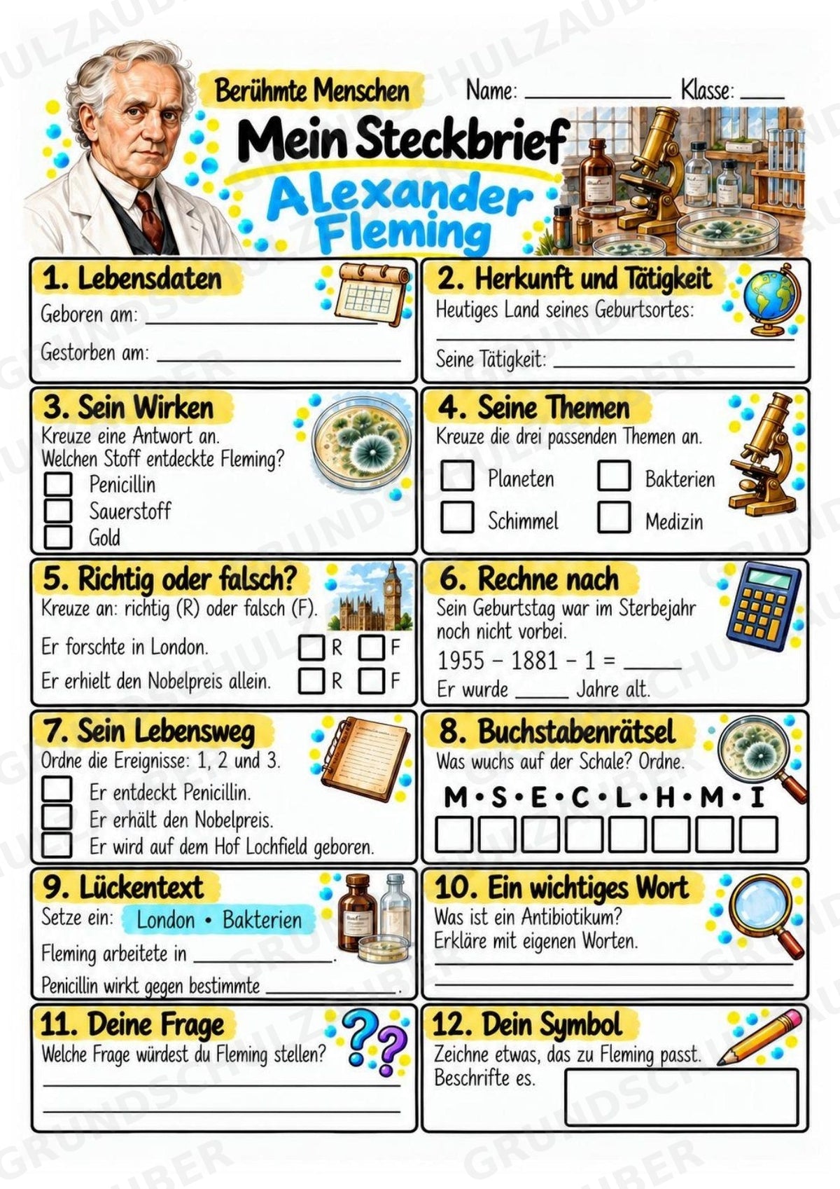 Alexander Fleming – Steckbrief & Infotext für die Grundschule | Berühmte Persönlichkeiten | Sachunterricht – Materialseite 3