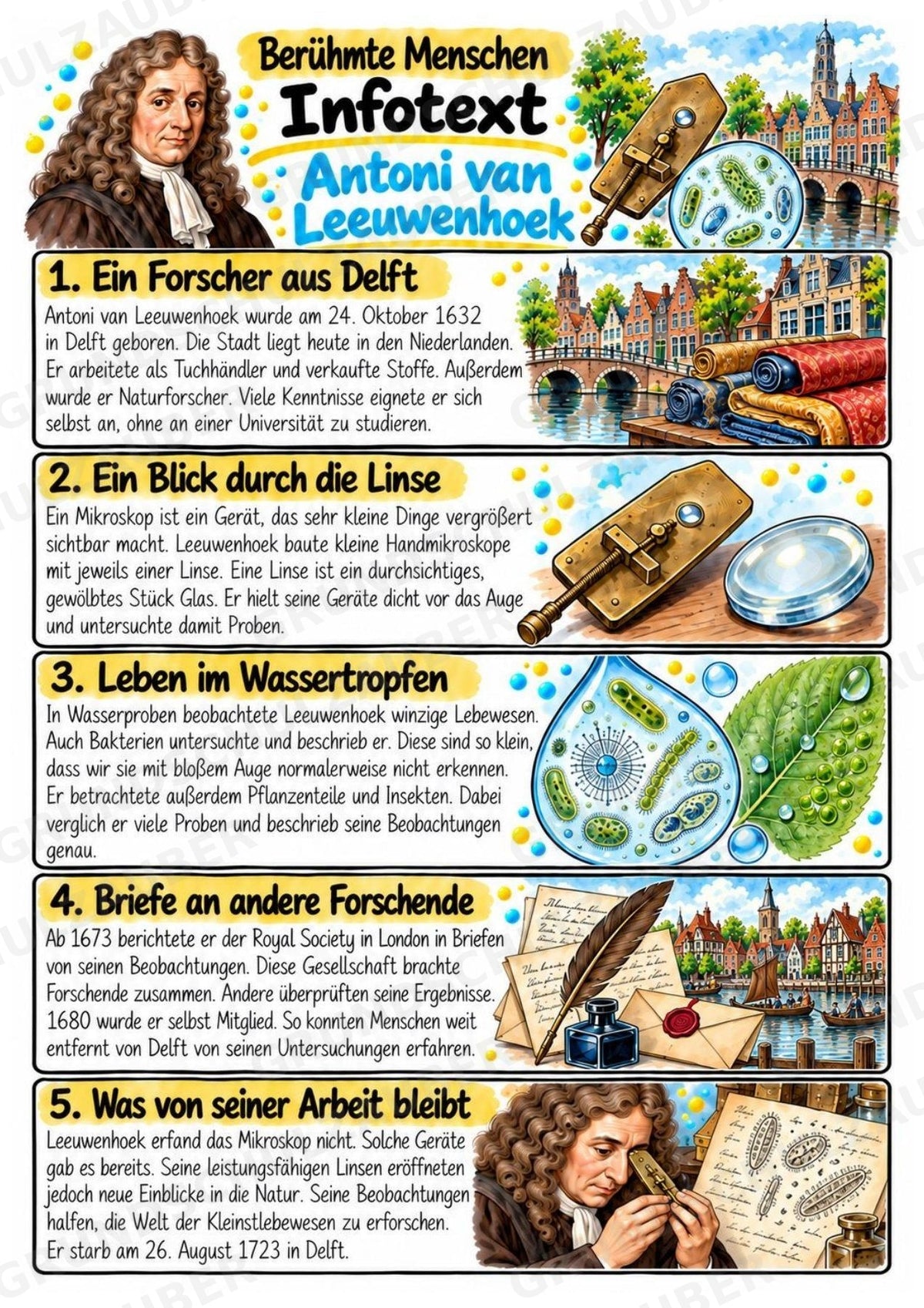 Antoni van Leeuwenhoek – Steckbrief & Infotext für die Grundschule | Berühmte Persönlichkeiten | Sachunterricht – Materialseite 2