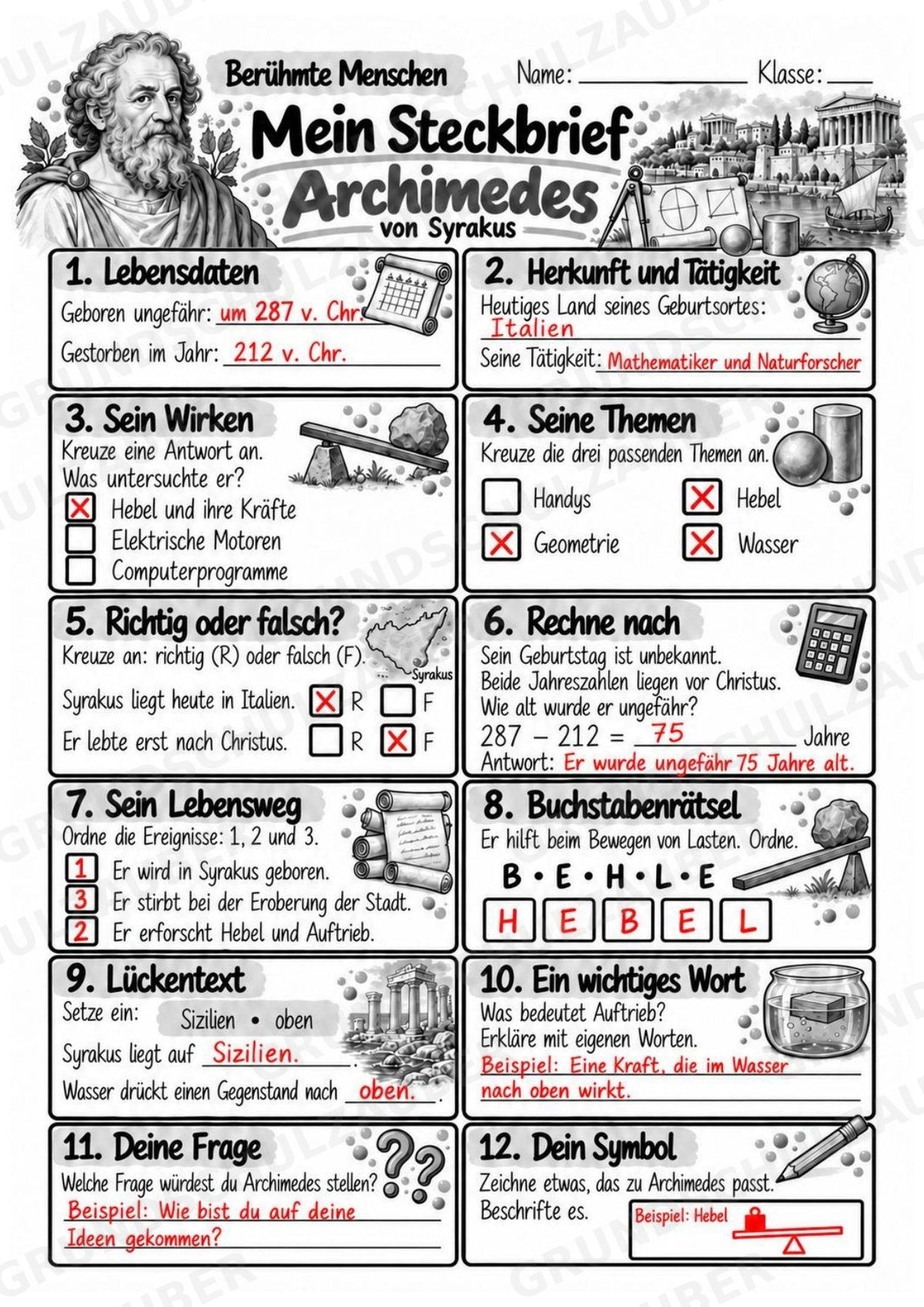 Archimedes – Steckbrief & Infotext für die Grundschule | Berühmte Persönlichkeiten | Sachunterricht – Materialseite 5