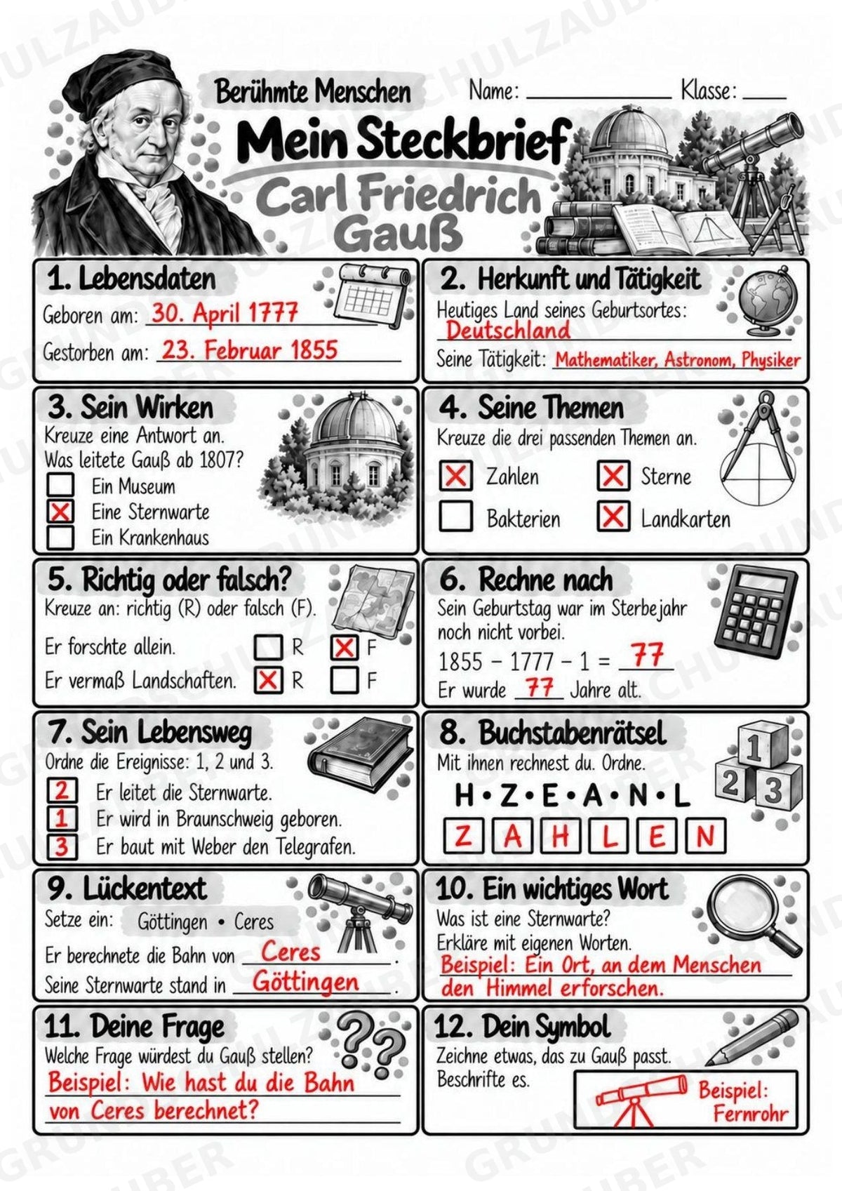 Carl Friedrich Gauss – Steckbrief & Infotext für die Grundschule | Berühmte Persönlichkeiten | Sachunterricht – Materialseite 5