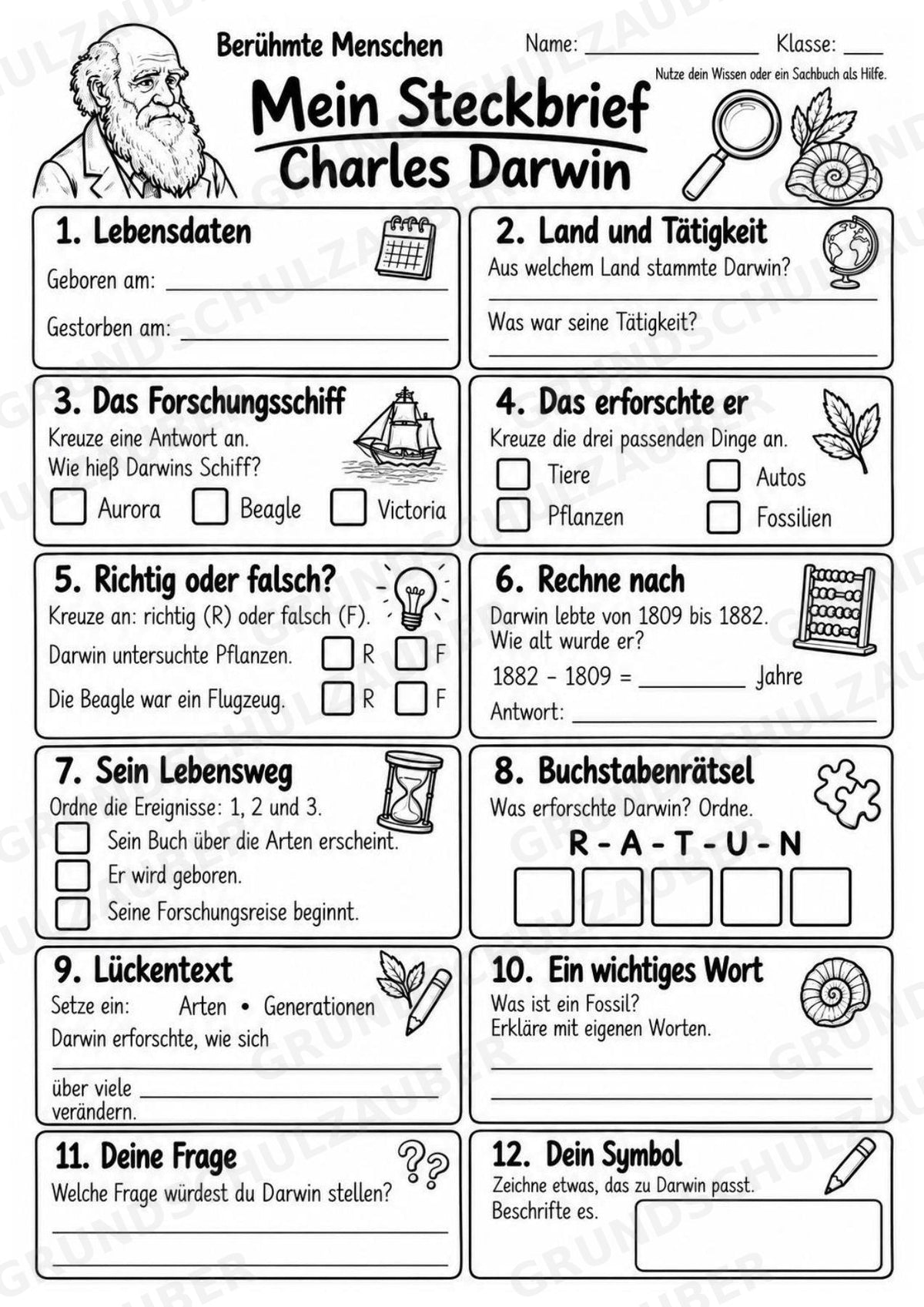 Charles Darwin – Steckbrief & Infotext für die Grundschule | Berühmte Persönlichkeiten | Sachunterricht – Materialseite 4