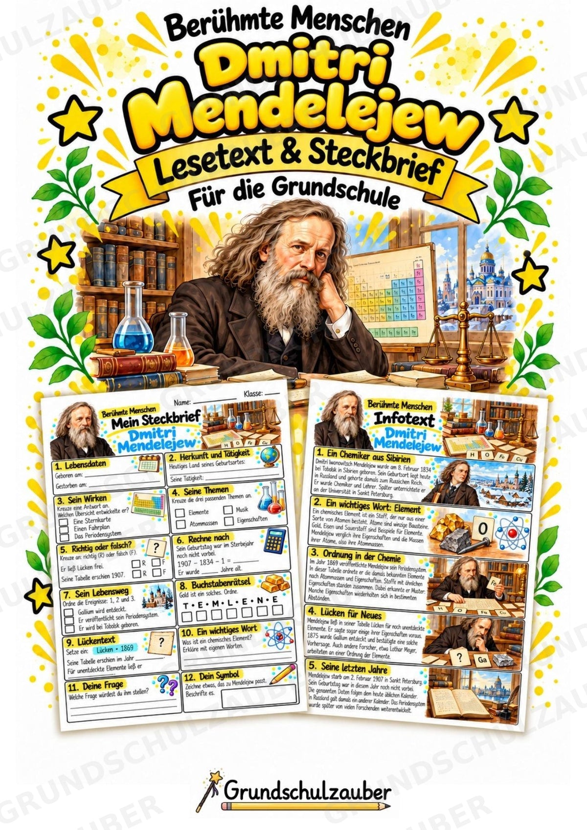 Dmitri Mendelejew – Steckbrief & Infotext für die Grundschule | Berühmte Persönlichkeiten | Sachunterricht – Cover