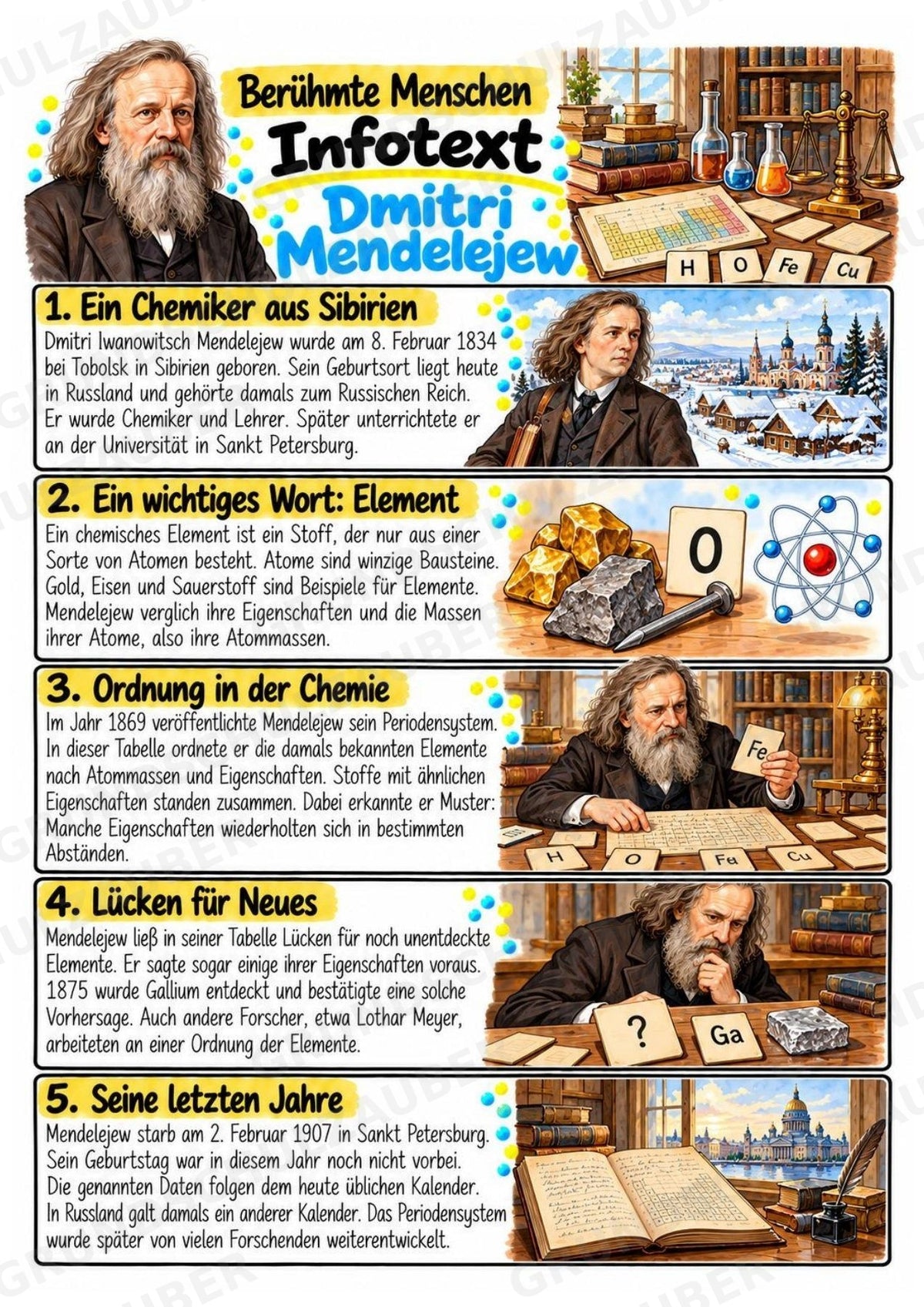 Dmitri Mendelejew – Steckbrief & Infotext für die Grundschule | Berühmte Persönlichkeiten | Sachunterricht – Materialseite 2