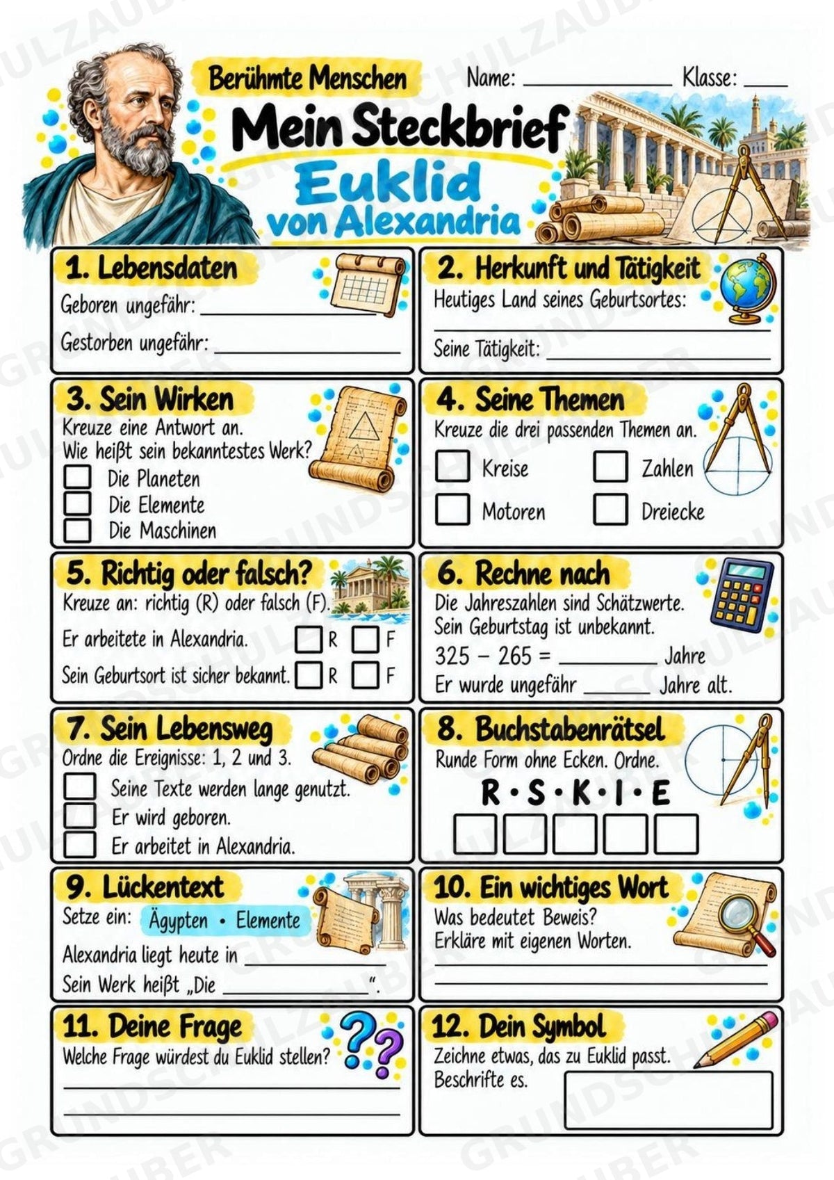 Euklid – Steckbrief & Infotext für die Grundschule | Berühmte Persönlichkeiten | Sachunterricht – Materialseite 3