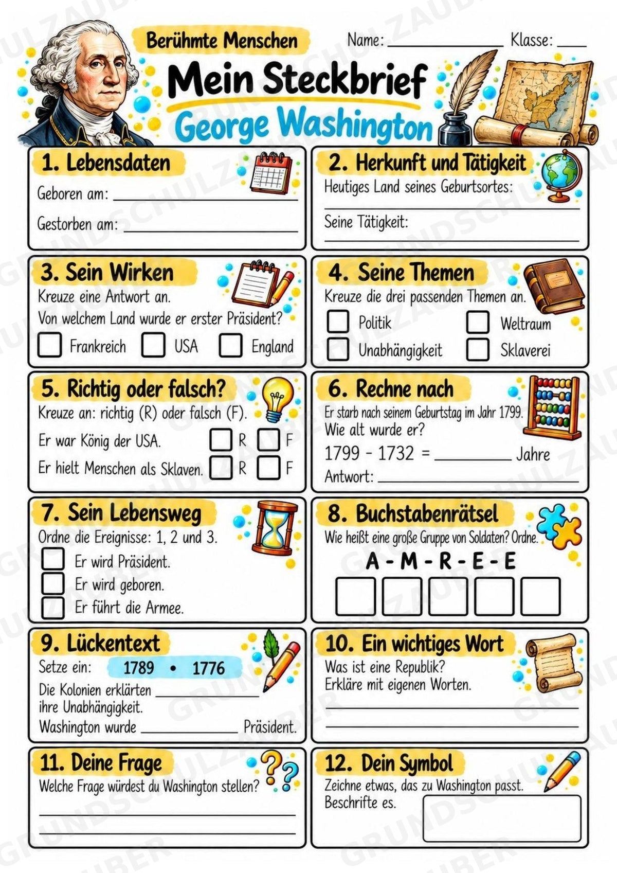 George Washington – Steckbrief & Infotext für die Grundschule | Berühmte Persönlichkeiten | Sachunterricht – Materialseite 3