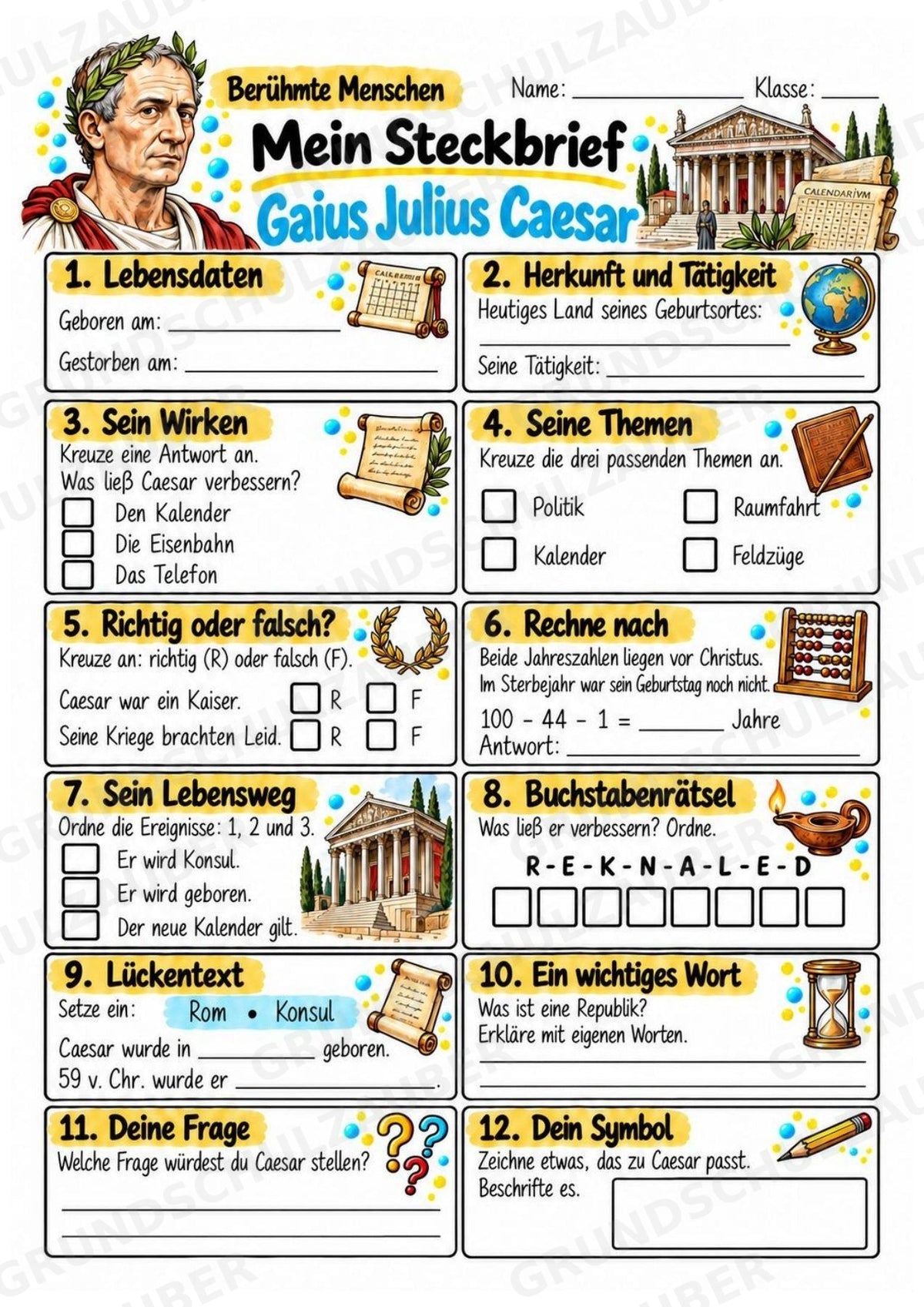 Julius Caesar – Steckbrief & Infotext für die Grundschule | Berühmte Persönlichkeiten | Sachunterricht – Materialseite 3