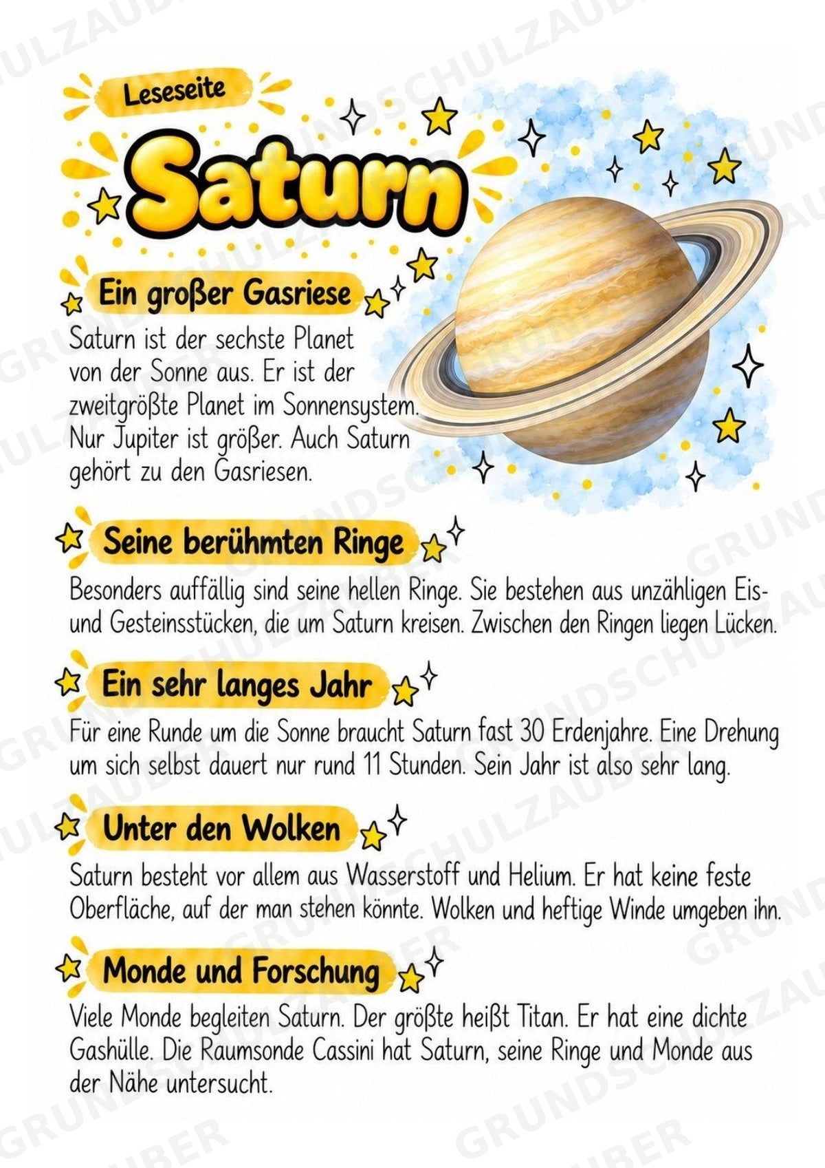 Saturn – Steckbrief und Lesetext | Planeten & Sonnensystem für die Grundschule – Materialseite 2