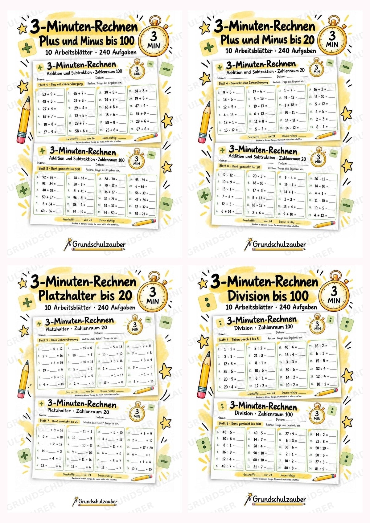 3-Minuten-Rechnen Paket | 60 Arbeitsblätter: Kopfrechnen, Plus, Minus, Einmaleins & Division im Zahlenraum 20 und 100 – Klasse 1–3 – BUNDLE Paketcover