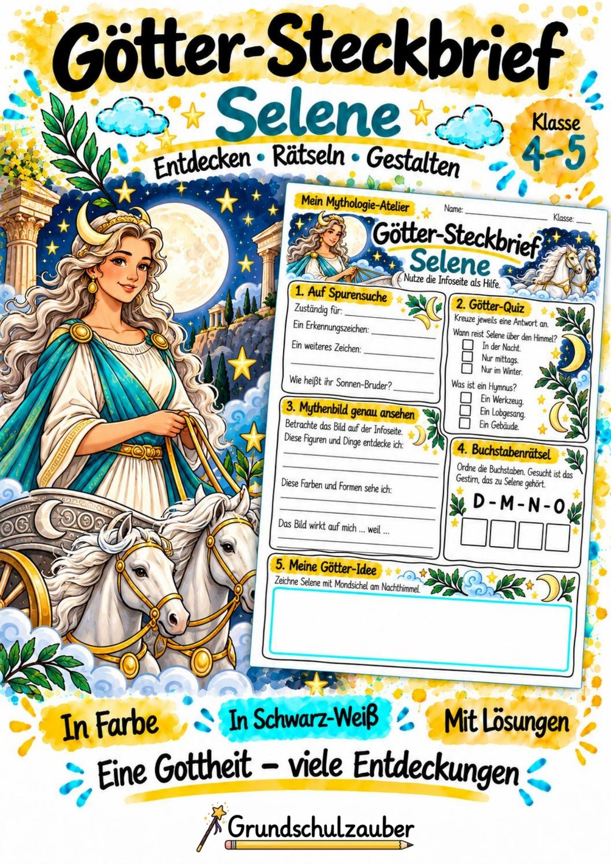 Selene – Griechische Götter: Steckbrief & Infotext | Arbeitsblätter mit Lösungen | Klasse 4–5 – Cover