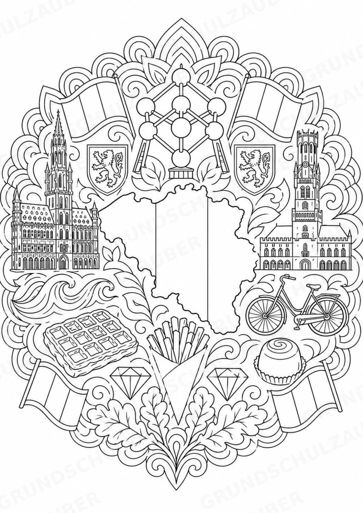 Belgien Mandalas Ausmalbilder – Länder und Kulturen – 15 Malvorlagen – Materialseite 16