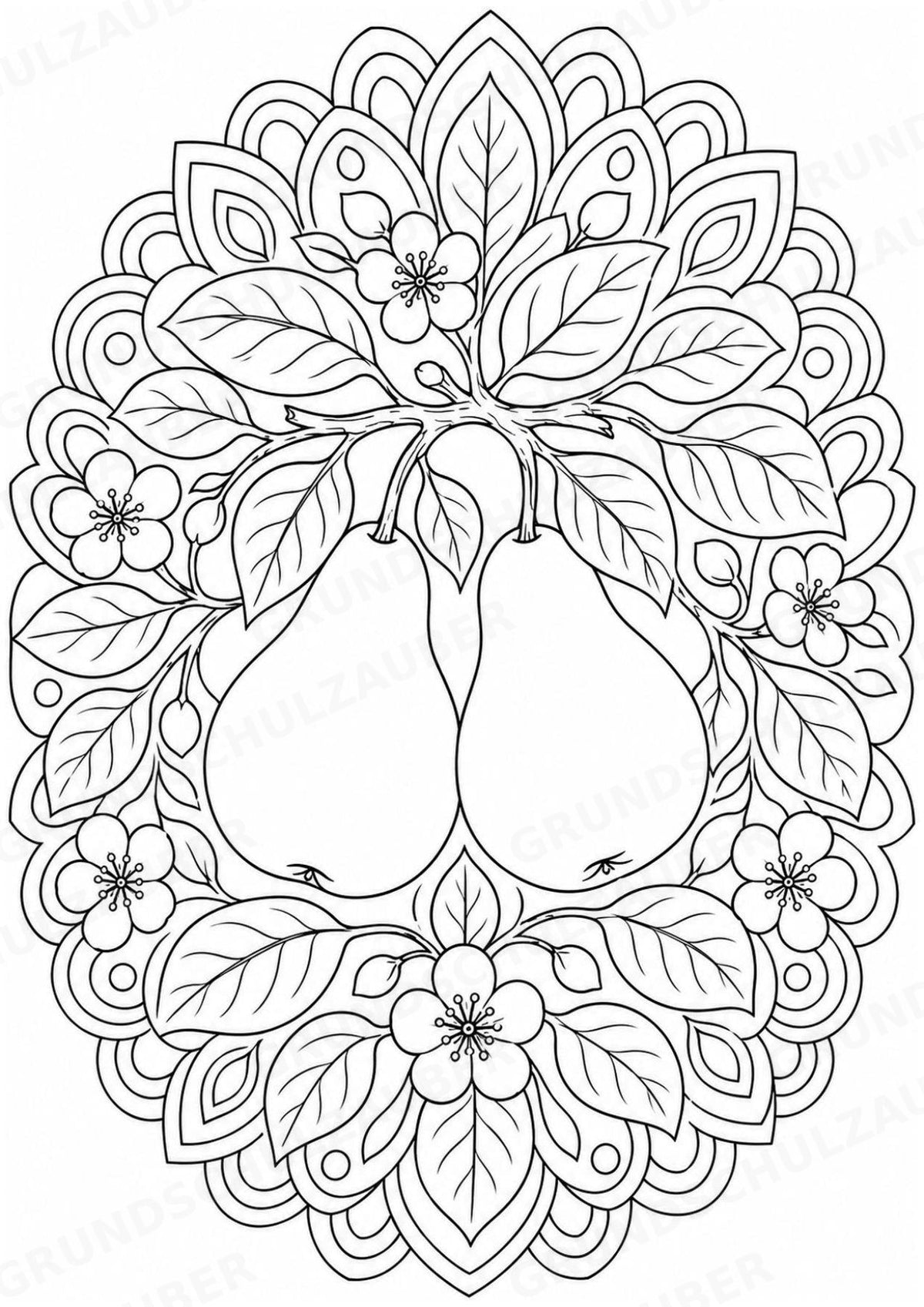 Birne Mandalas Ausmalbilder – Obst – 15 Malvorlagen – Materialseite 3