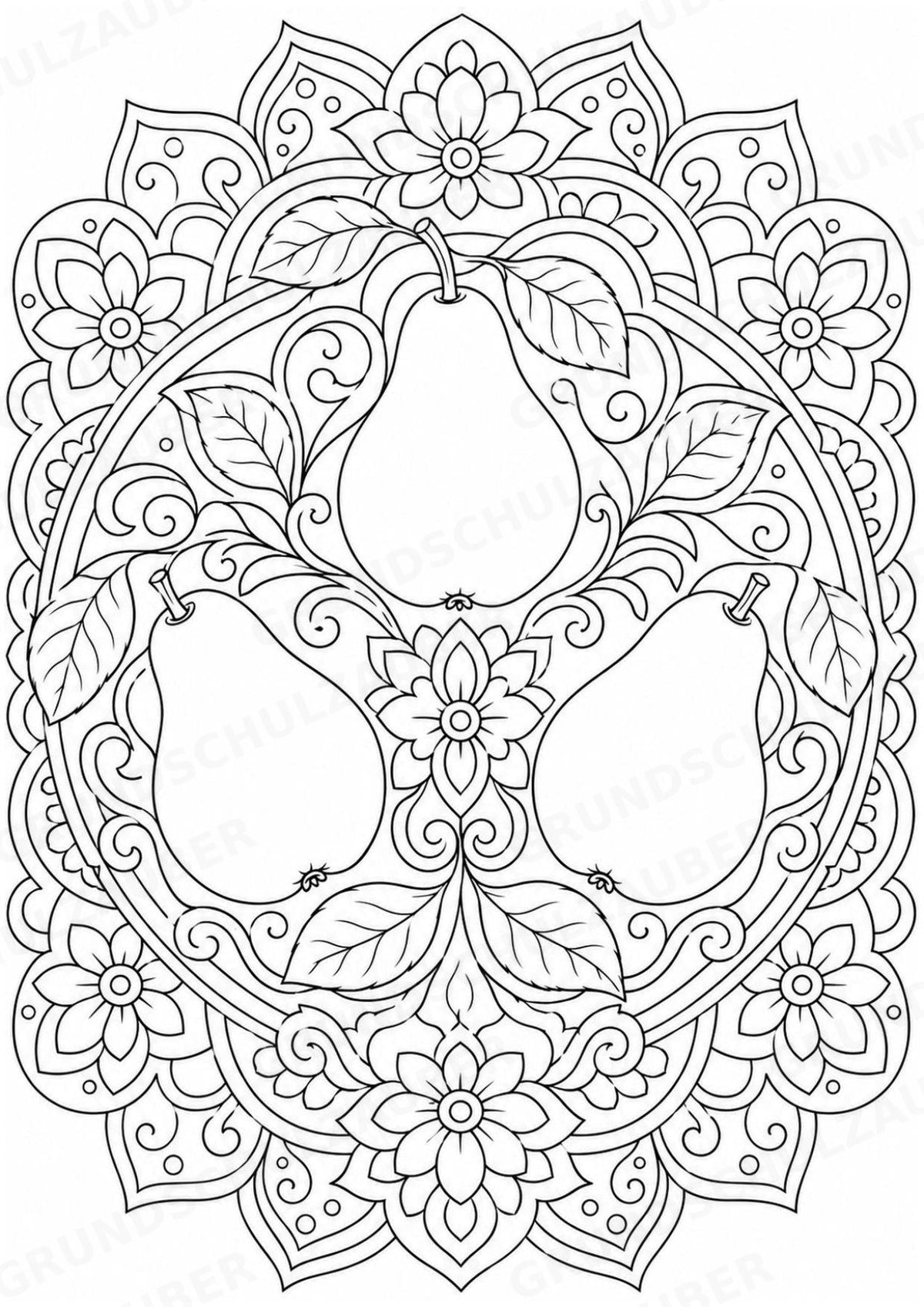 Birne Mandalas Ausmalbilder – Obst – 15 Malvorlagen – Materialseite 8
