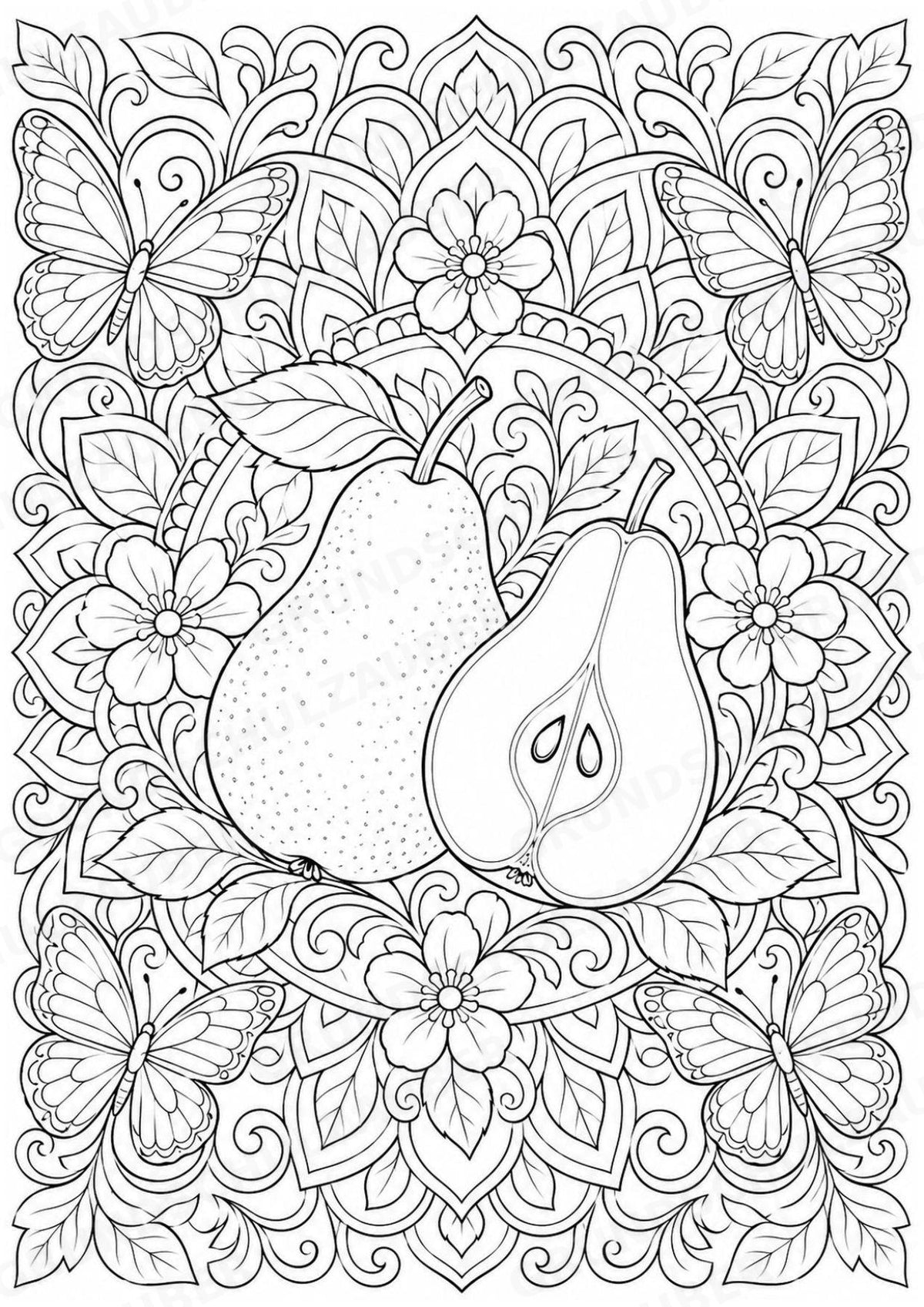Birne Mandalas Ausmalbilder – Obst – 15 Malvorlagen – Materialseite 11