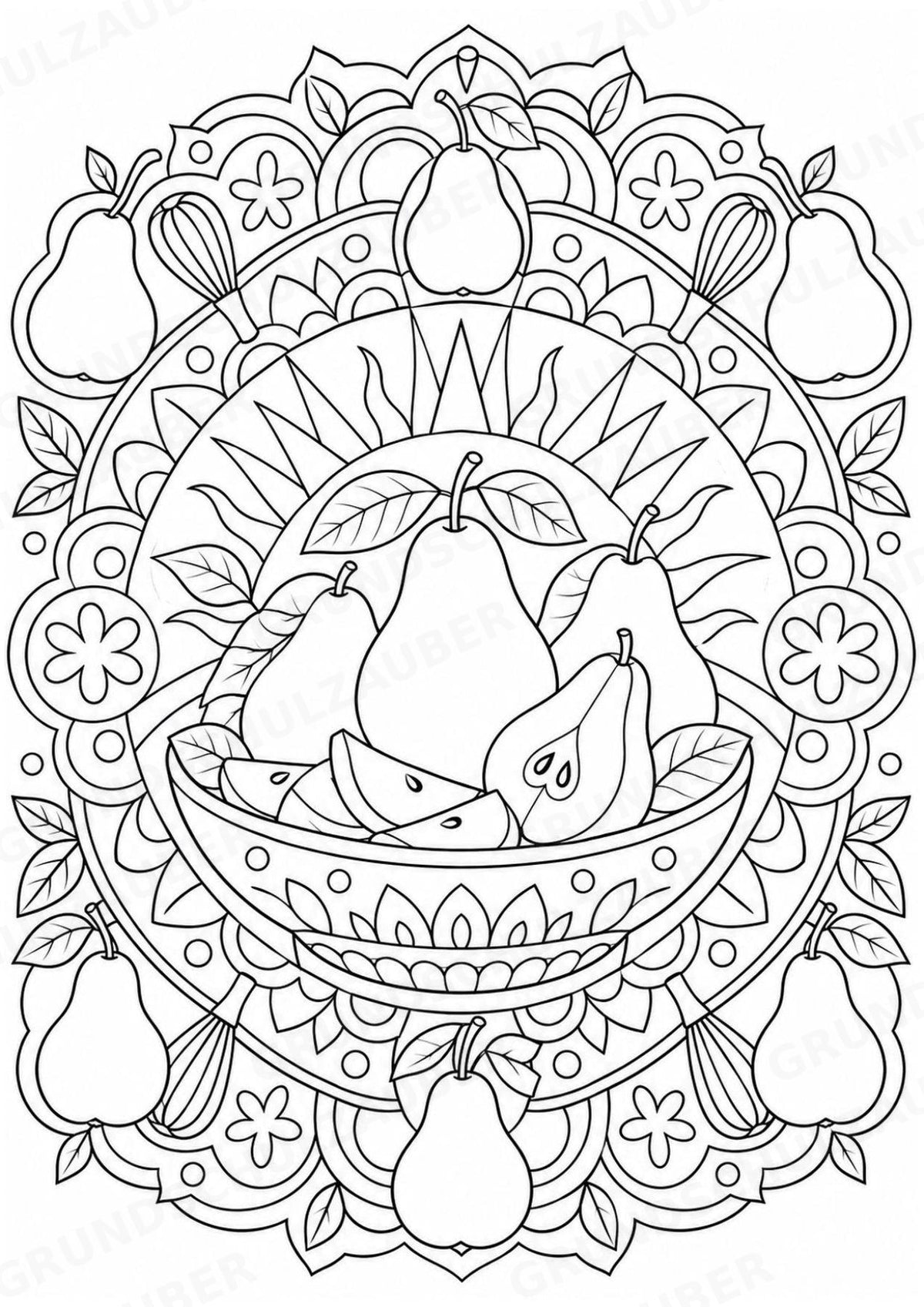 Birne Mandalas Ausmalbilder – Obst – 15 Malvorlagen – Materialseite 14