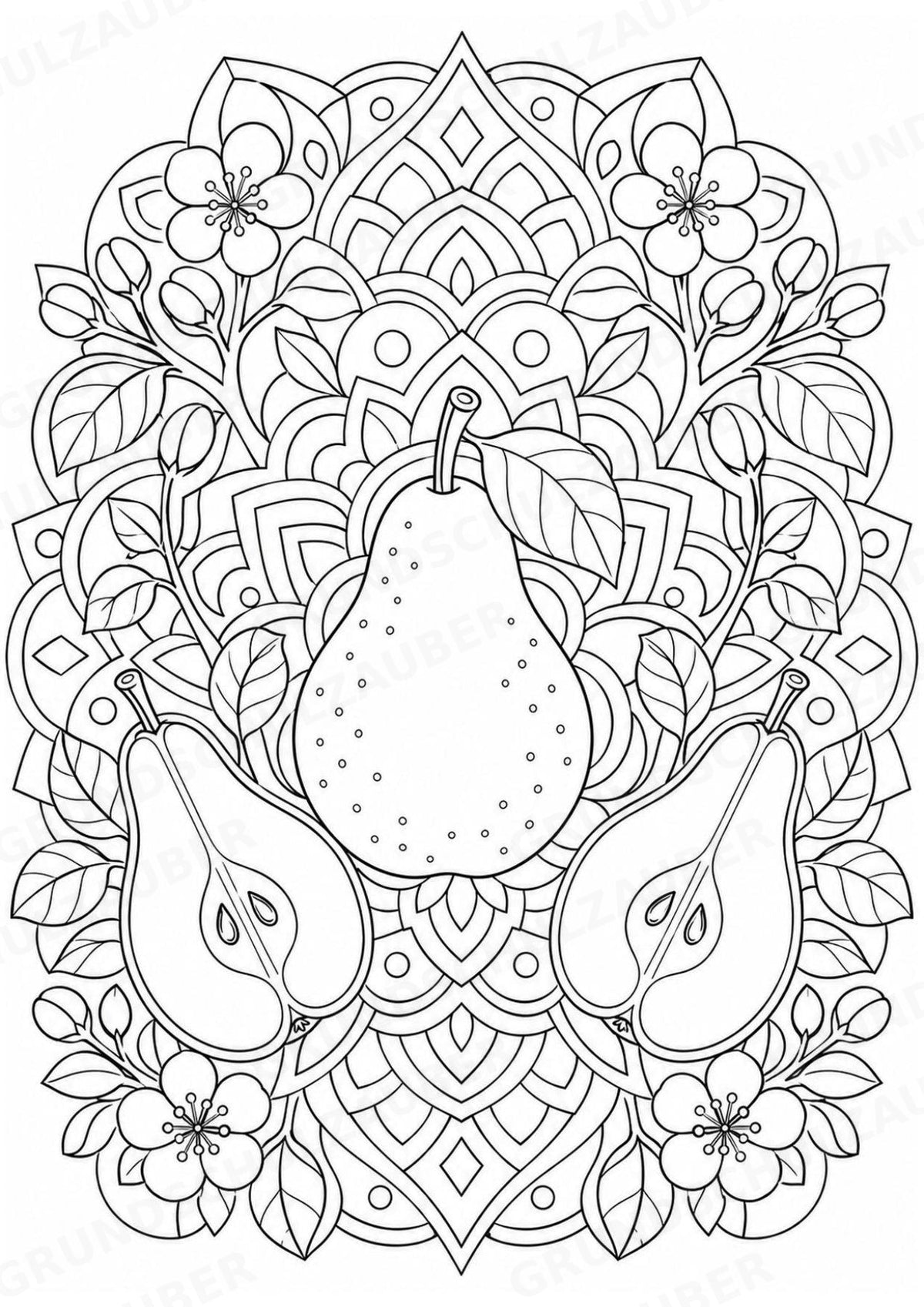 Birne Mandalas Ausmalbilder – Obst – 15 Malvorlagen – Materialseite 16