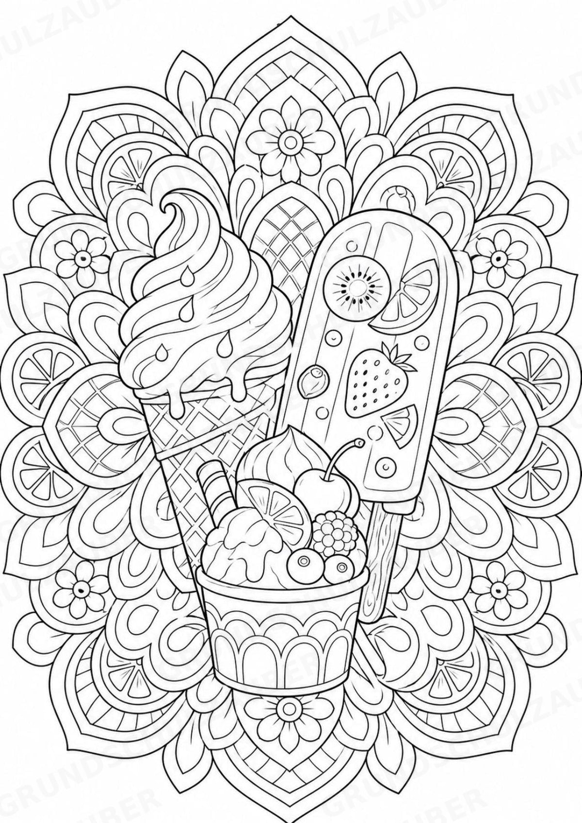 Eis im Sommer Mandalas Ausmalbilder – Wetter und Jahreszeiten – 15 Malvorlagen – Materialseite 16