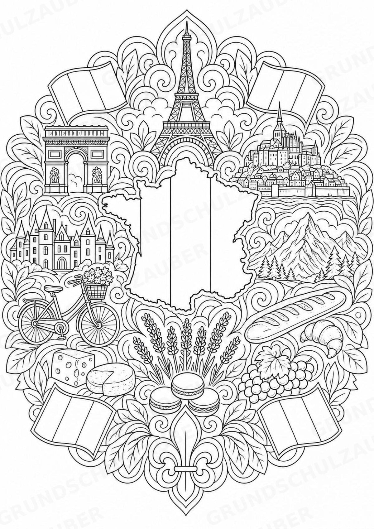 Frankreich Mandalas Ausmalbilder – Länder und Kulturen – 15 Malvorlagen – Materialseite 16