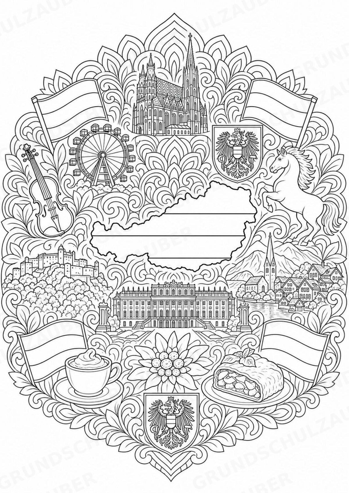Österreich Mandalas Ausmalbilder – Länder und Kulturen – 15 Malvorlagen – Materialseite 16