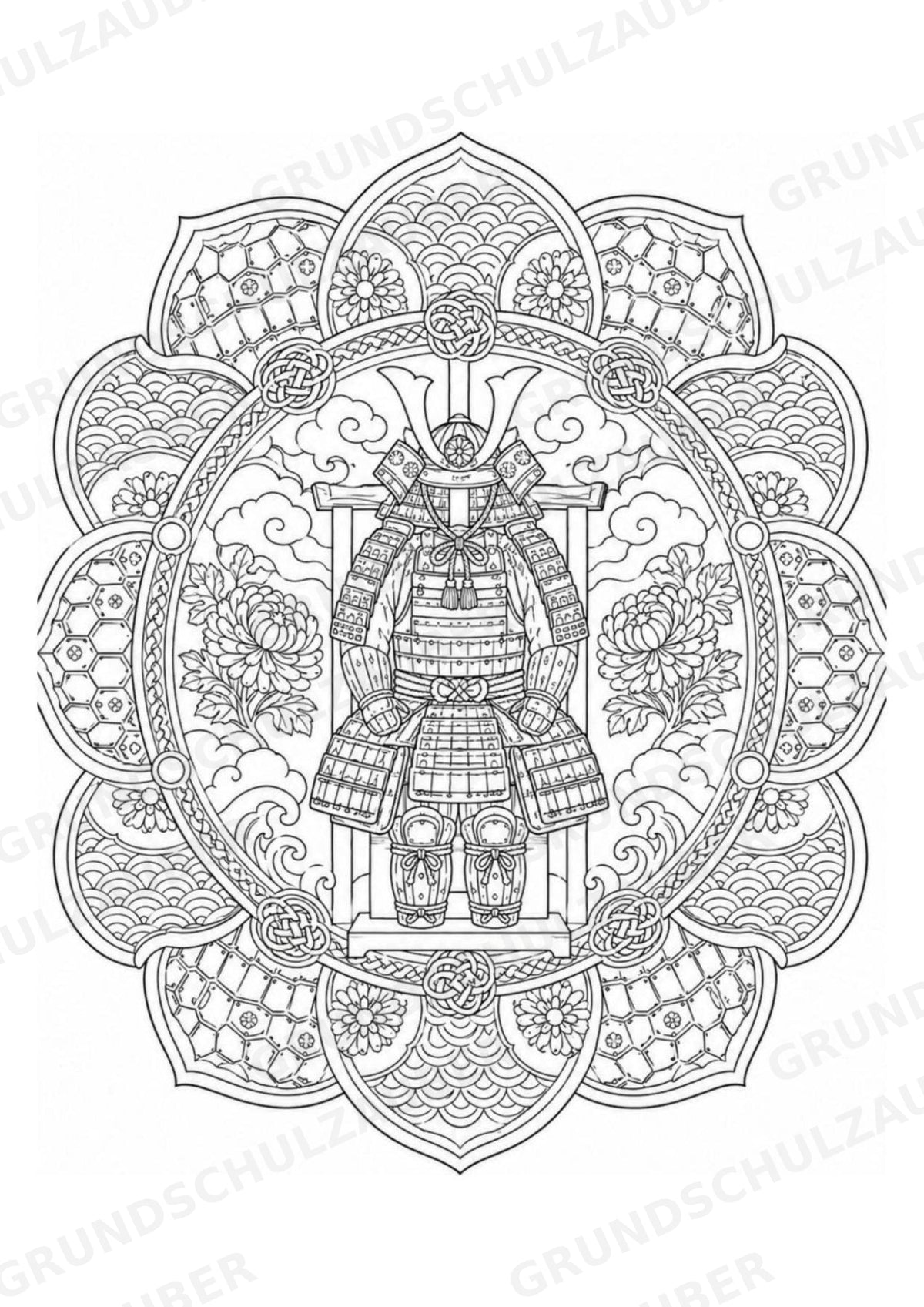 Samurai Mandalas Ausmalbilder – Geschichte – 15 Malvorlagen – Materialseite 5