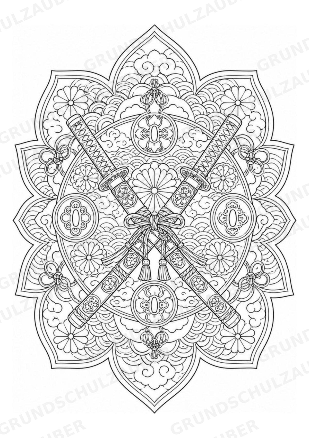 Samurai Mandalas Ausmalbilder – Geschichte – 15 Malvorlagen – Materialseite 7