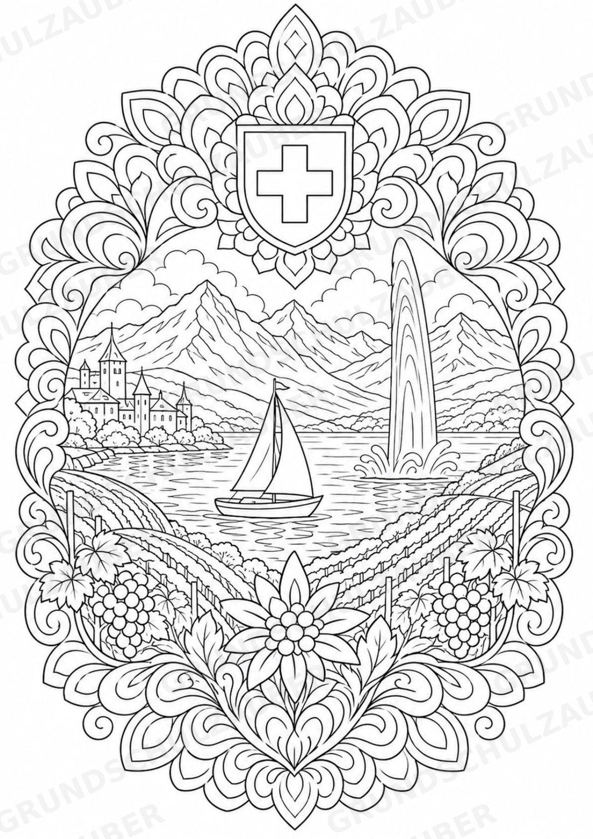 Schweiz Mandalas Ausmalbilder – Länder und Kulturen – 15 Malvorlagen – Materialseite 14