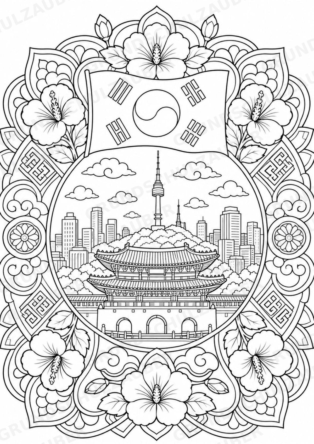 Südkorea Mandalas Ausmalbilder – Länder und Kulturen – 15 Malvorlagen – Materialseite 2