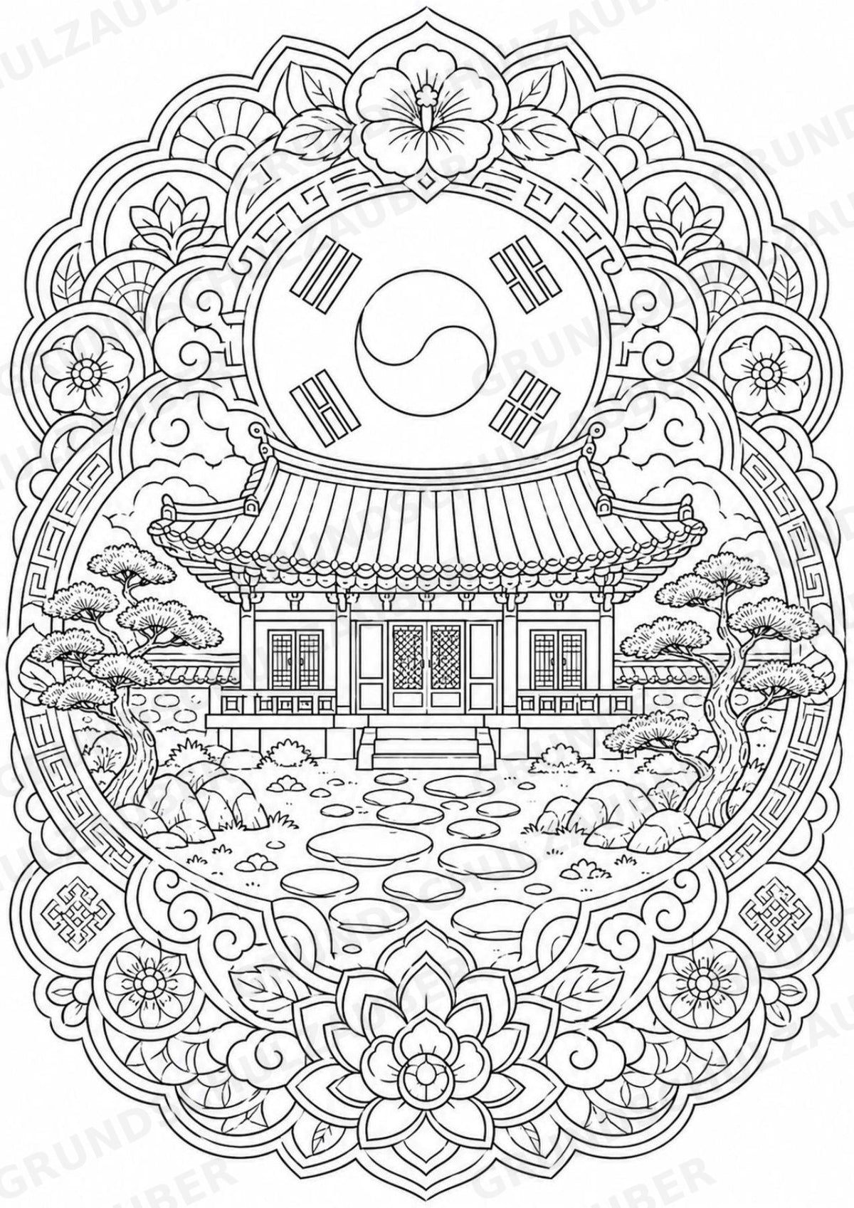 Südkorea Mandalas Ausmalbilder – Länder und Kulturen – 15 Malvorlagen – Materialseite 4