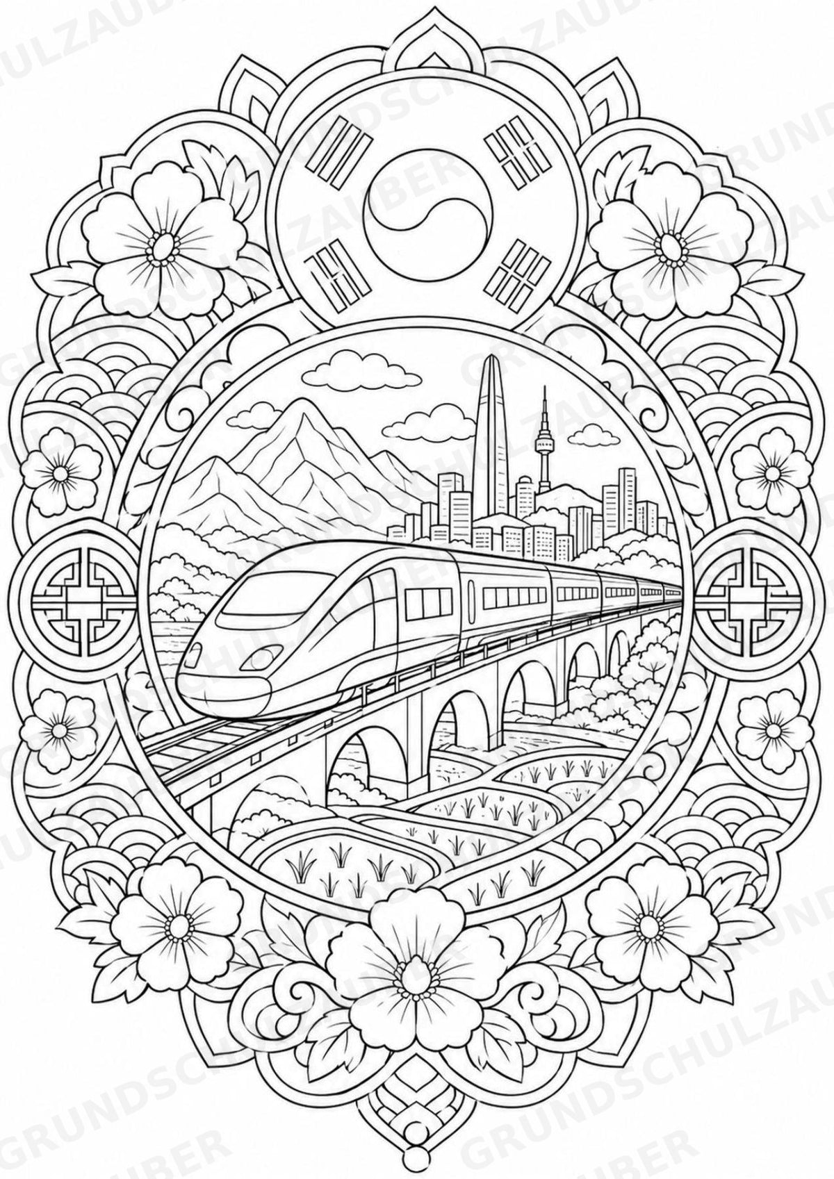 Südkorea Mandalas Ausmalbilder – Länder und Kulturen – 15 Malvorlagen – Materialseite 12