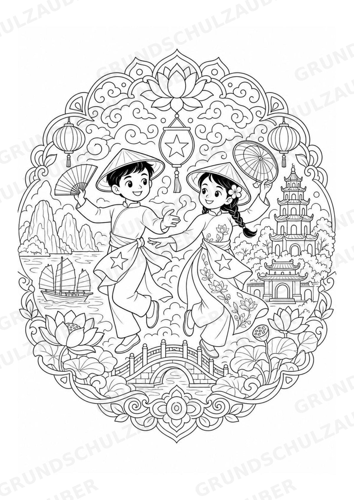 Vietnam Mandalas Ausmalbilder – Länder und Kulturen – 15 Malvorlagen – Materialseite 5